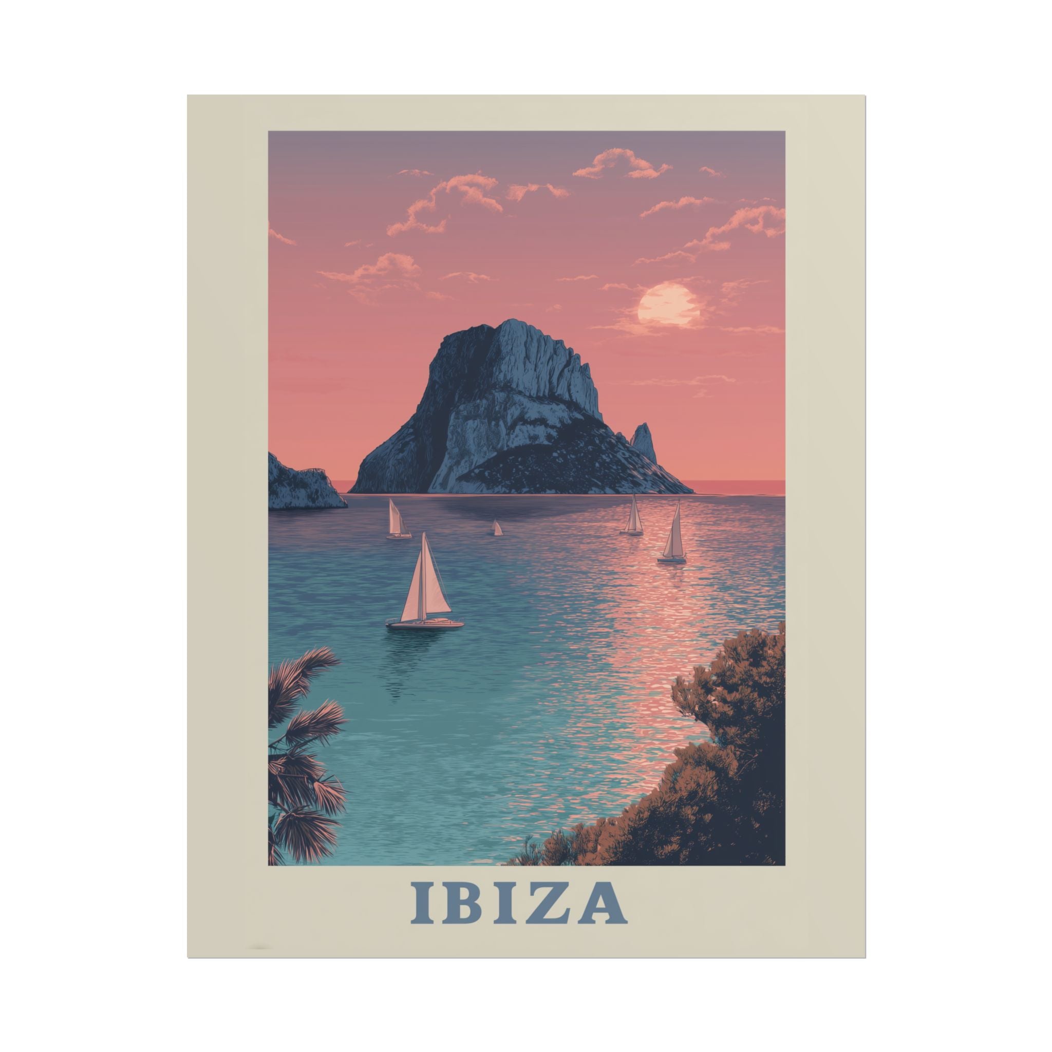Ibiza Sunset Serenade: Vintage Travel Poster, Mediterranean Coastal Landscape   |    Custom Orders Available