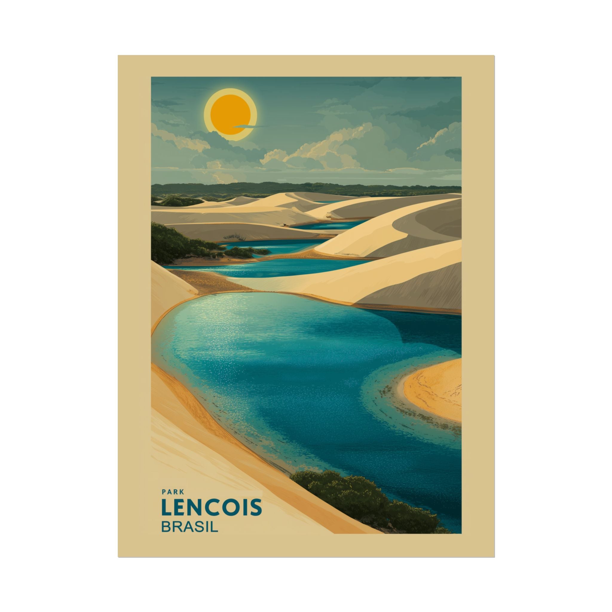 Lençois Park Dreamscape: Golden Dunes and Turquoise Waters, Vintage Travel Poster Panorama   |    Custom Orders Available
