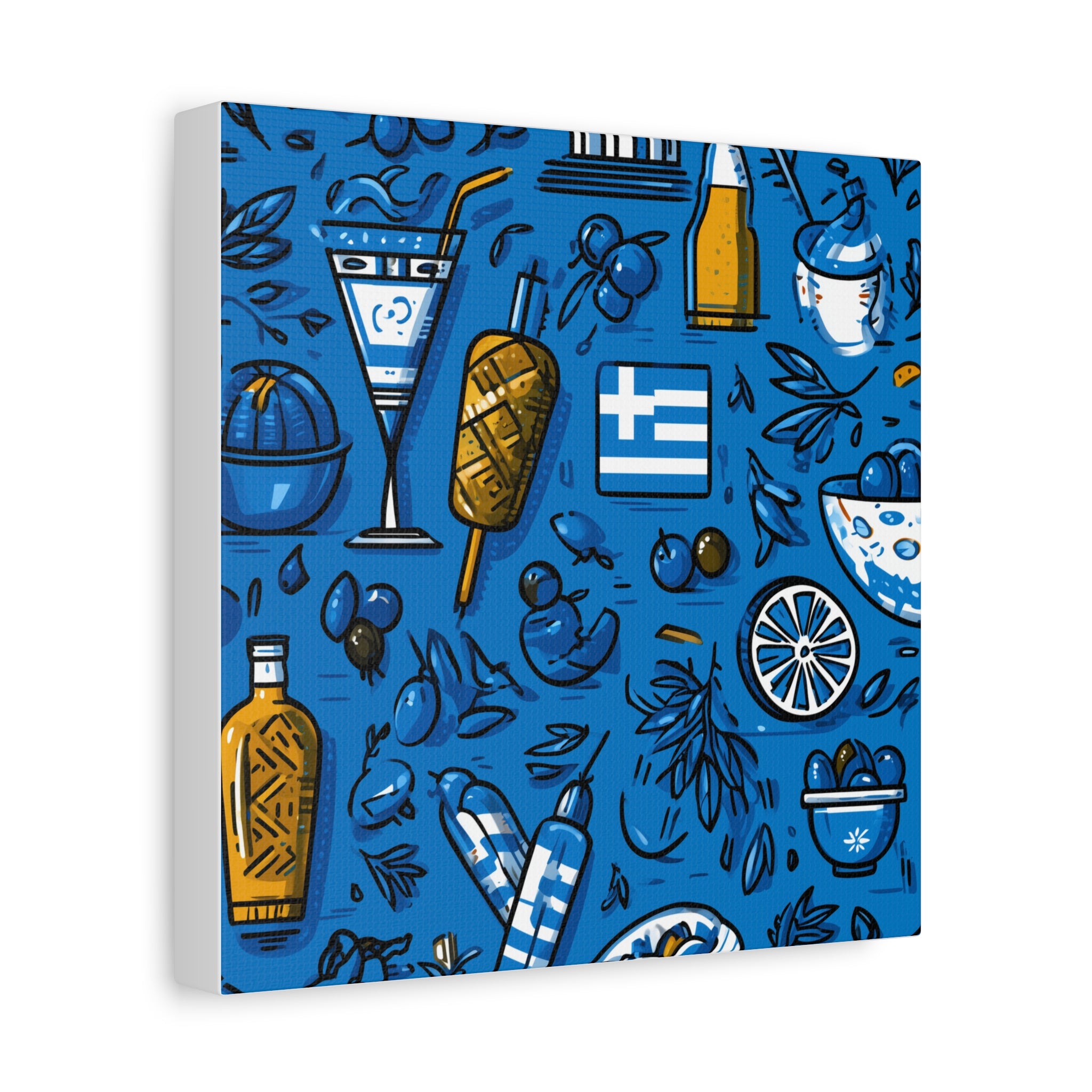 Vibrant Canvas Wall Art, Blue Mediterranean Theme, Kitchen Decor, Greek Party Decor, Olive and Drink Motif