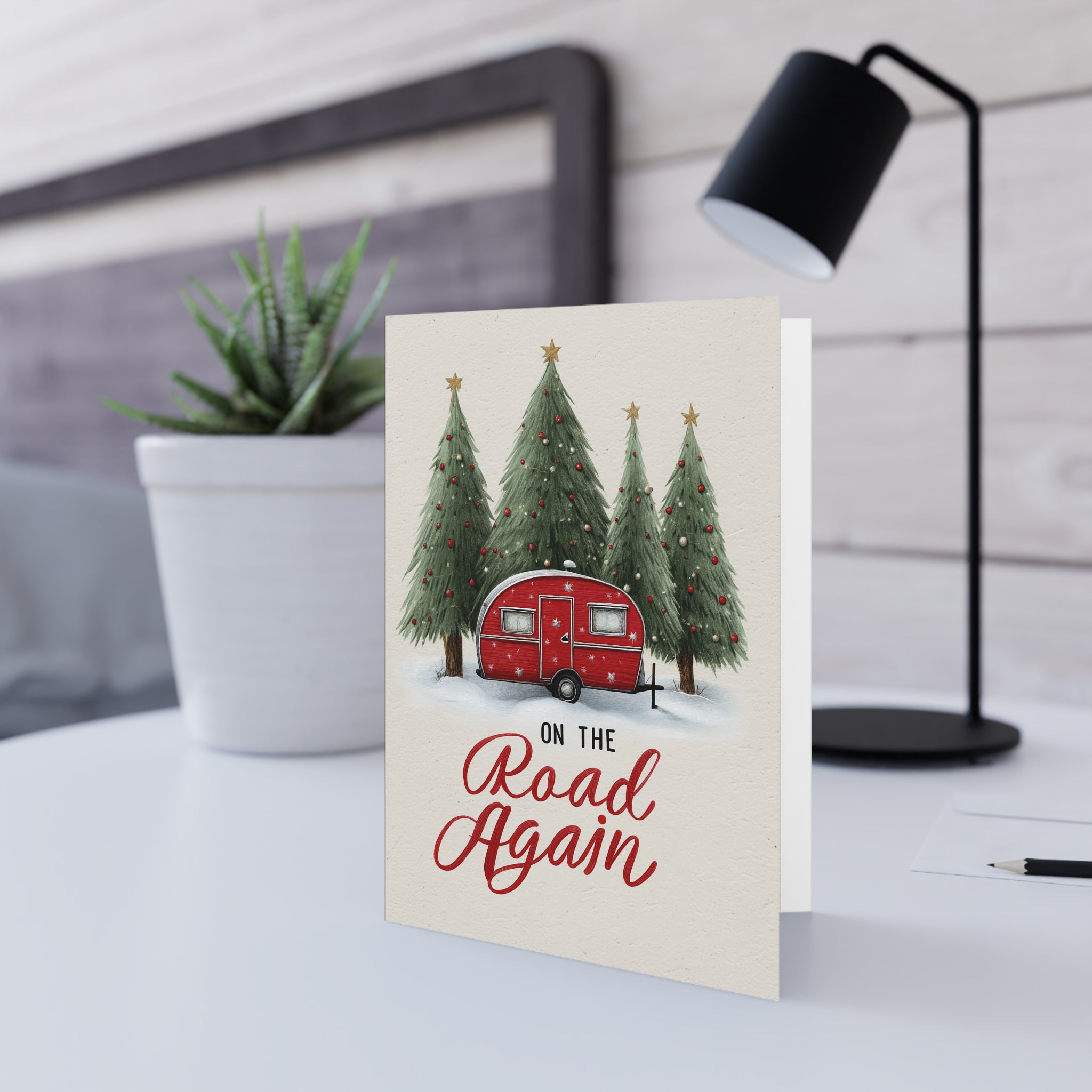 Camping Caravan Greeting Card — Retro Camper & Pine Trees Note Card