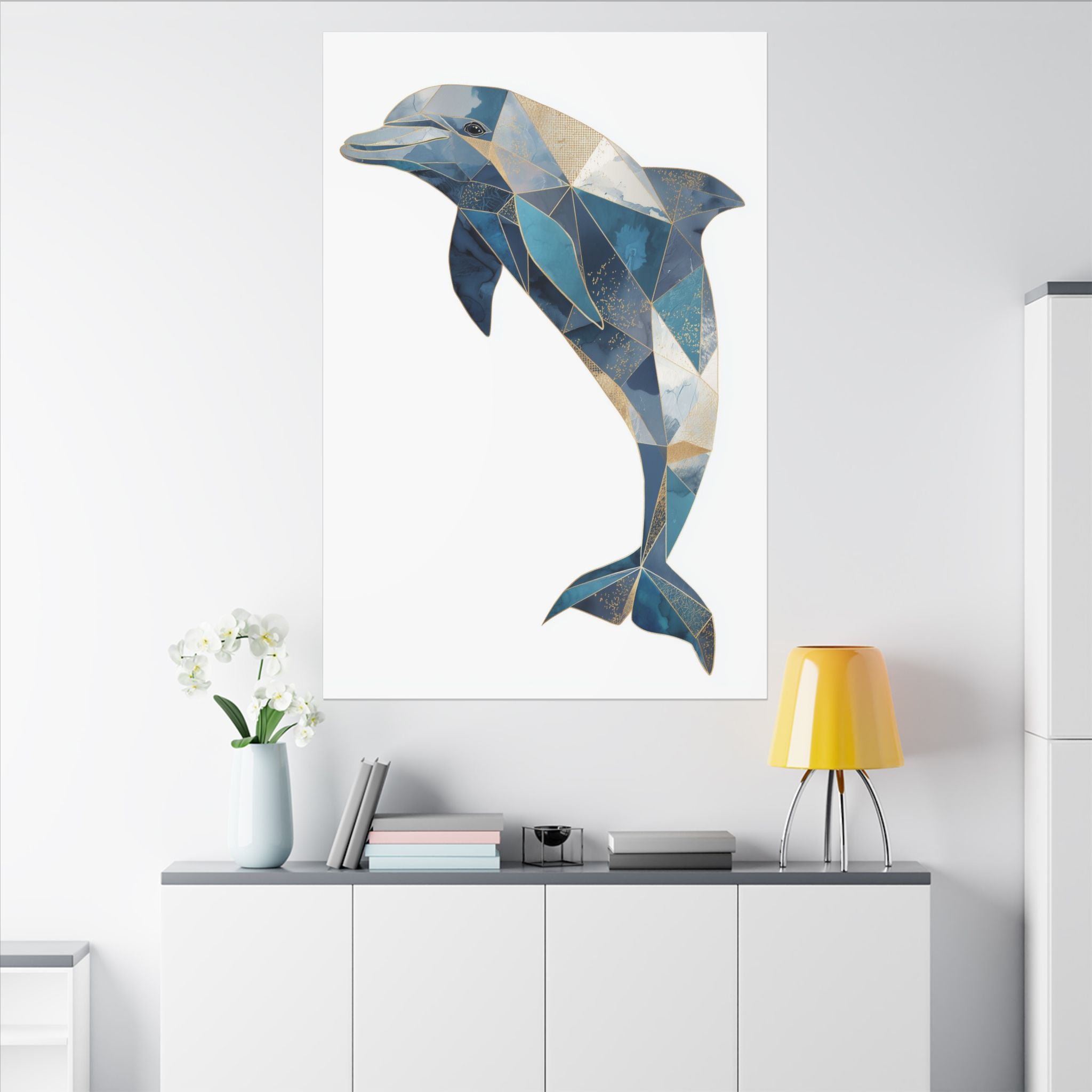 Canvas Print, Geometric Abstract Dolphin Gold Accented Art, High Quality Wall Decor, Nautical Sea Theme, Coastal Home Decor, Ocean Animal