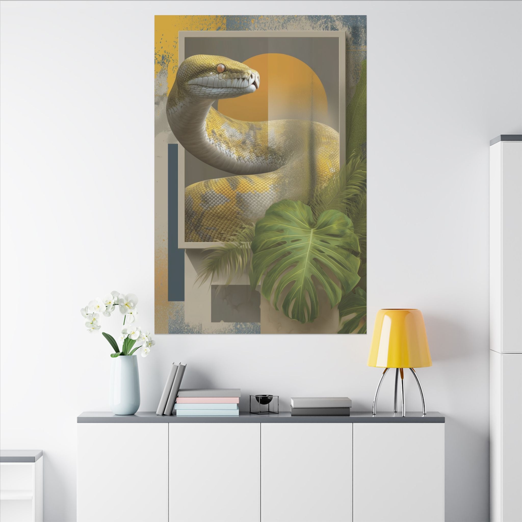 Serpent's Geometric Symphony: Tropical Python Illustration, Modern Graphic Design   |    Custom Orders Available