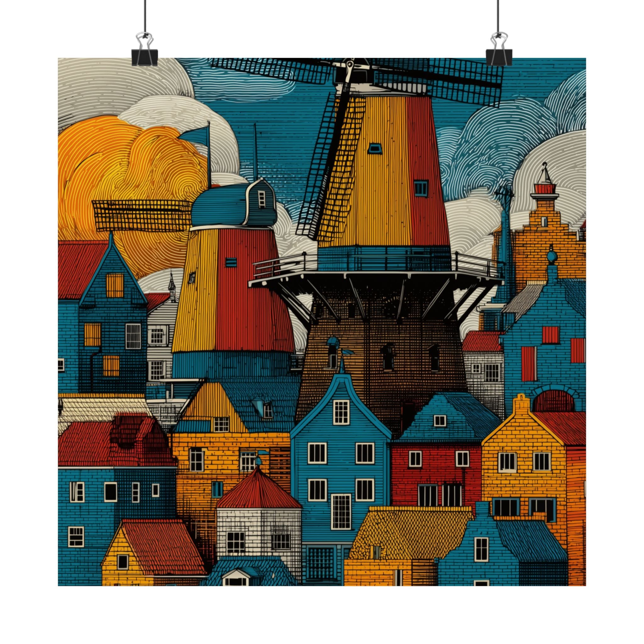 Colorful Windmill Art Print, Home Decor, Vintage Poster, Landscape Wall Art, Gift for Housewarming, Dutch Art Decoration