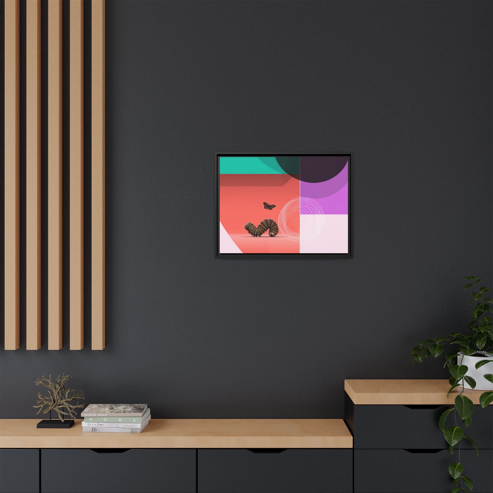 Striped Caterpillar and Butterfly Framed Print , Mid-Century Modern Color Blocks   |  Personalized & Custom Orders Available