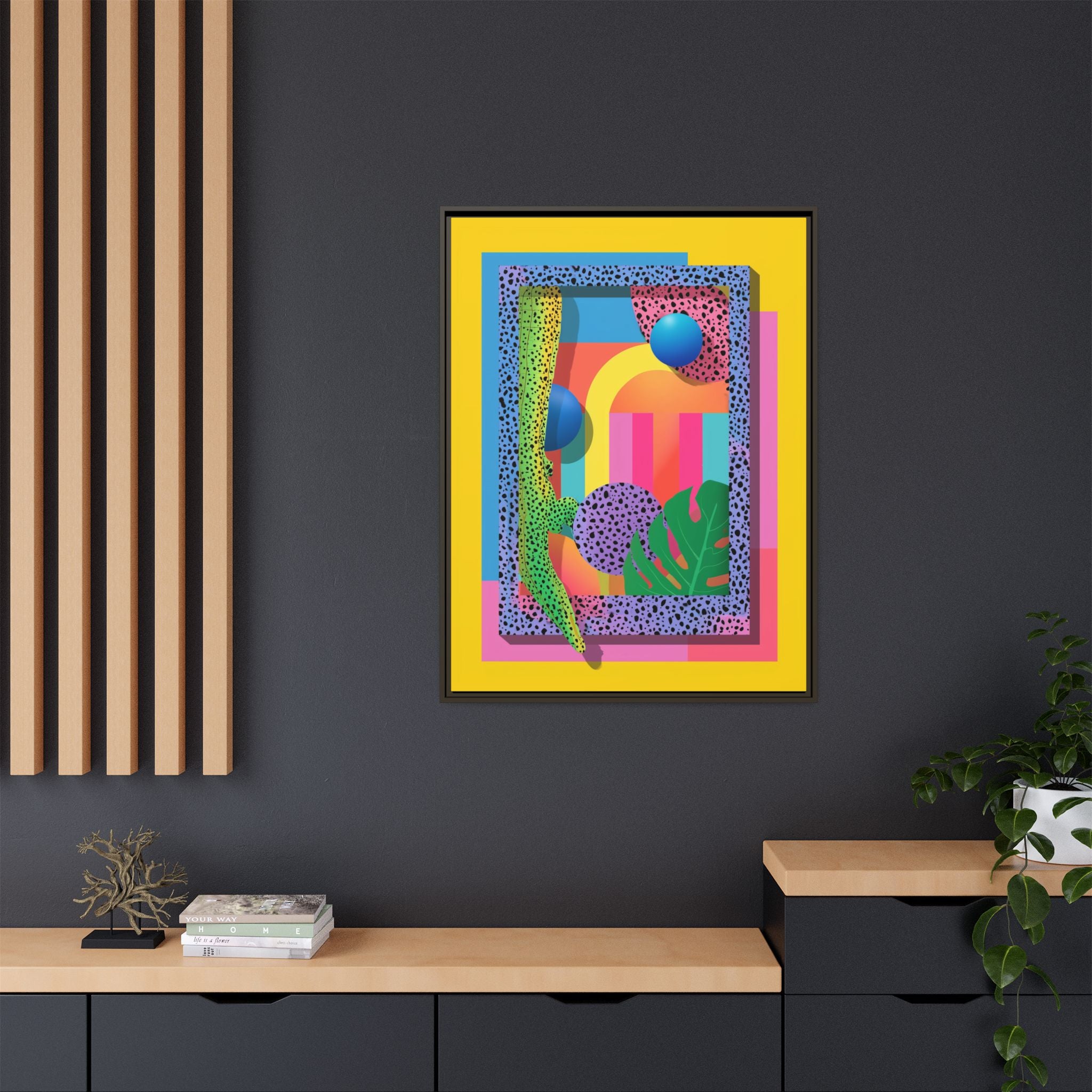 Geometric Rhythms: Abstract Layers of Color, Dimensional Shapes and Tropical Elements, Vibrant Modern Art Composition   |   Custom Orders