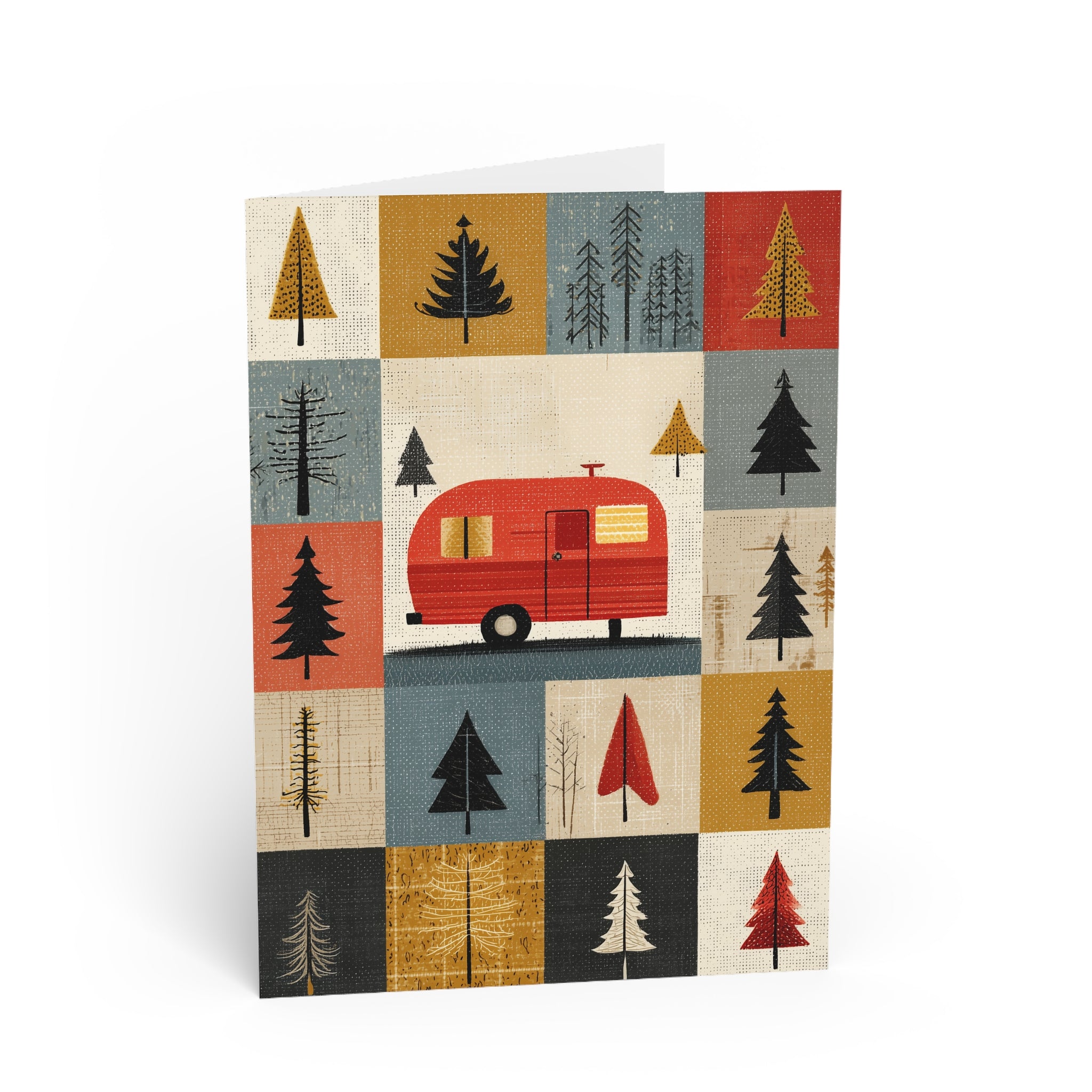 Camping Caravan Greeting Card — Retro Camper & Pine Trees Note Card