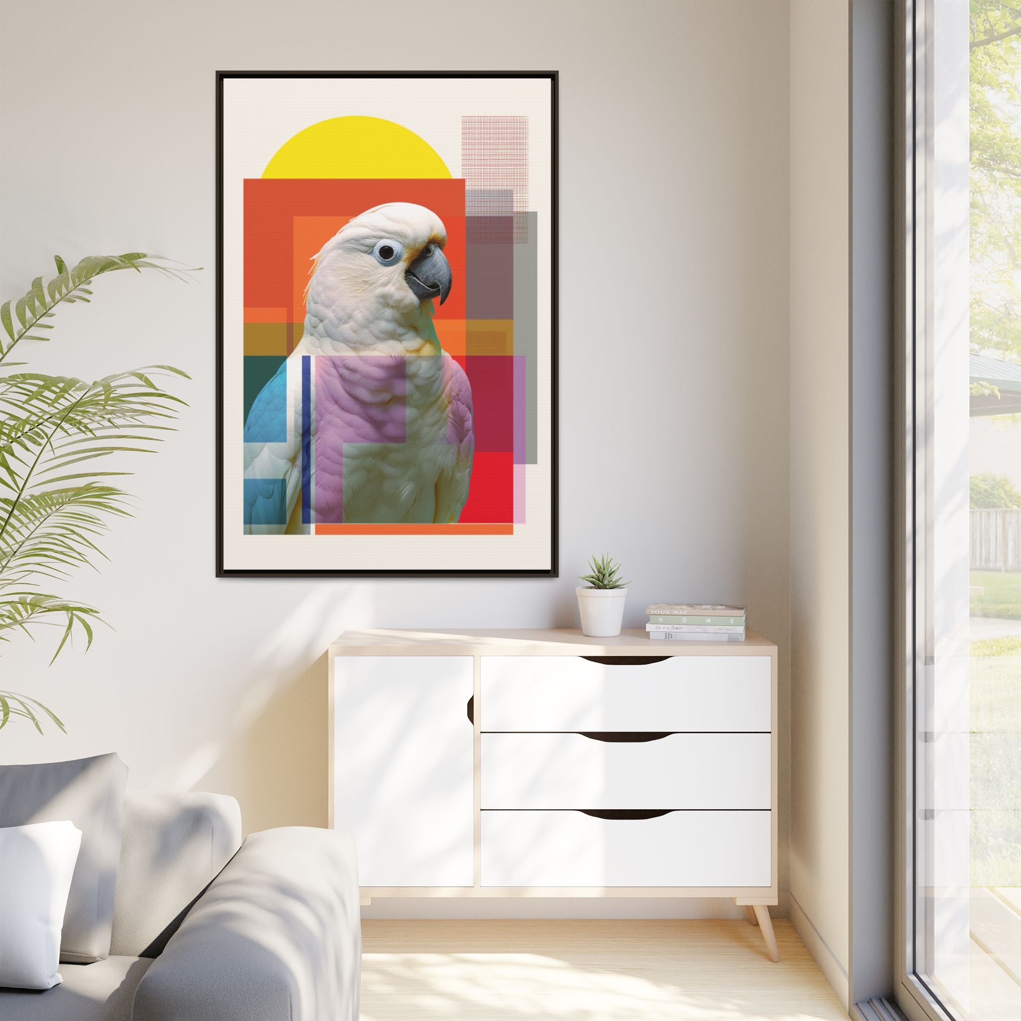 Cockatoo Chromatics Framed Print: Geometric Wildlife Portrait, Contemporary Art Print   |  Personalized & Custom Orders Available