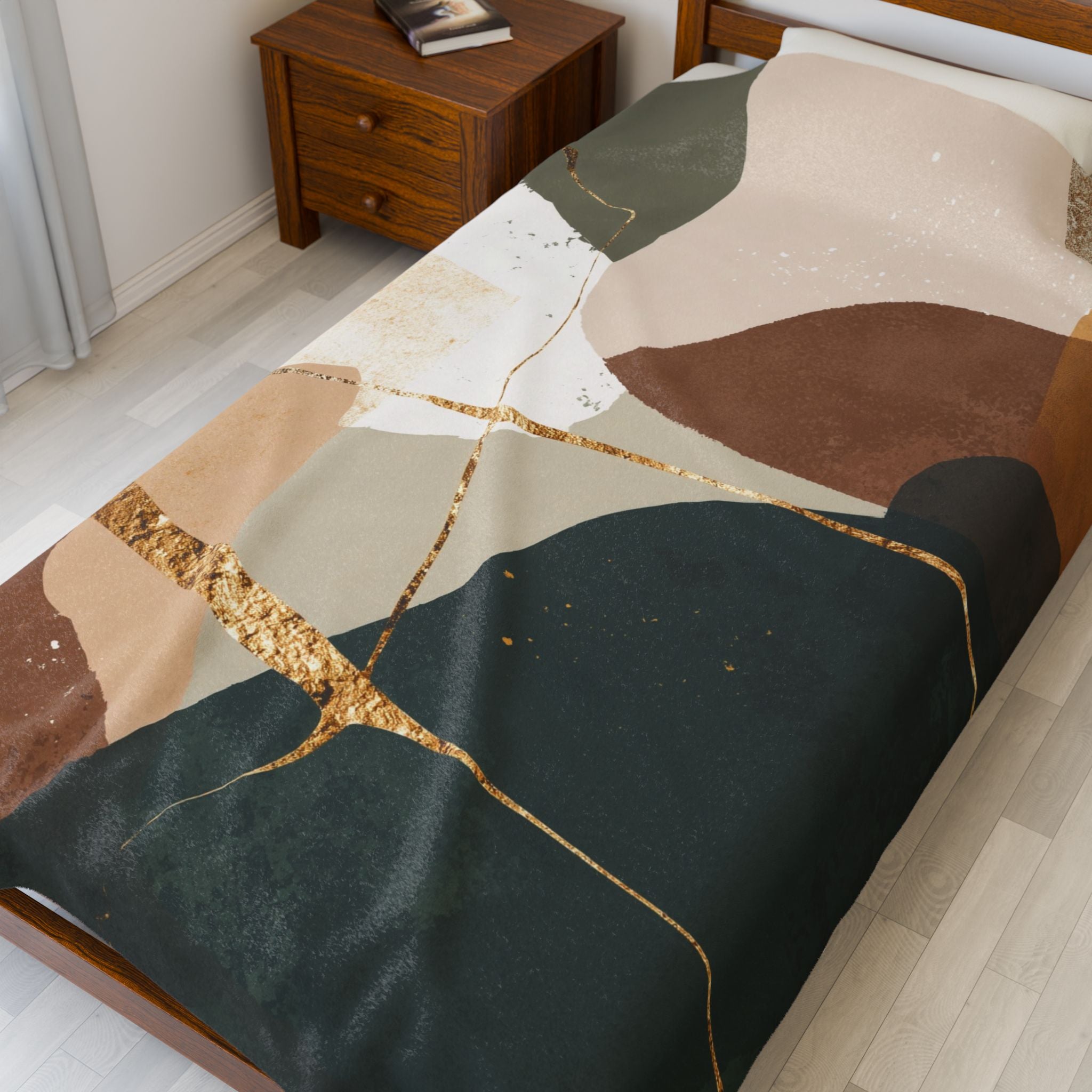 Velveteen Plush Blanket, Abstract Earthen Duvet or Doona cover, Gold Accent, Modern Home Decor, Cozy Throw Blanket, Luxurious Bedding,