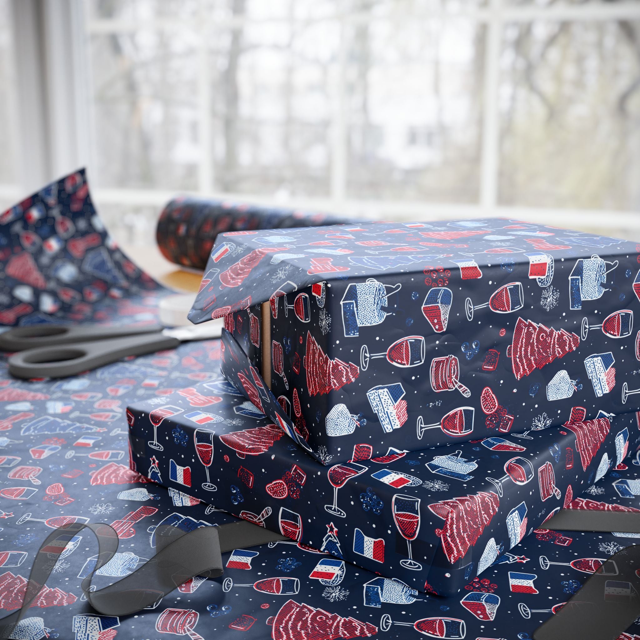 Wrapping Paper Roll French Themed— Festive Cozy Socks & Sweaters Pattern, Navy Holiday Gift Wrap