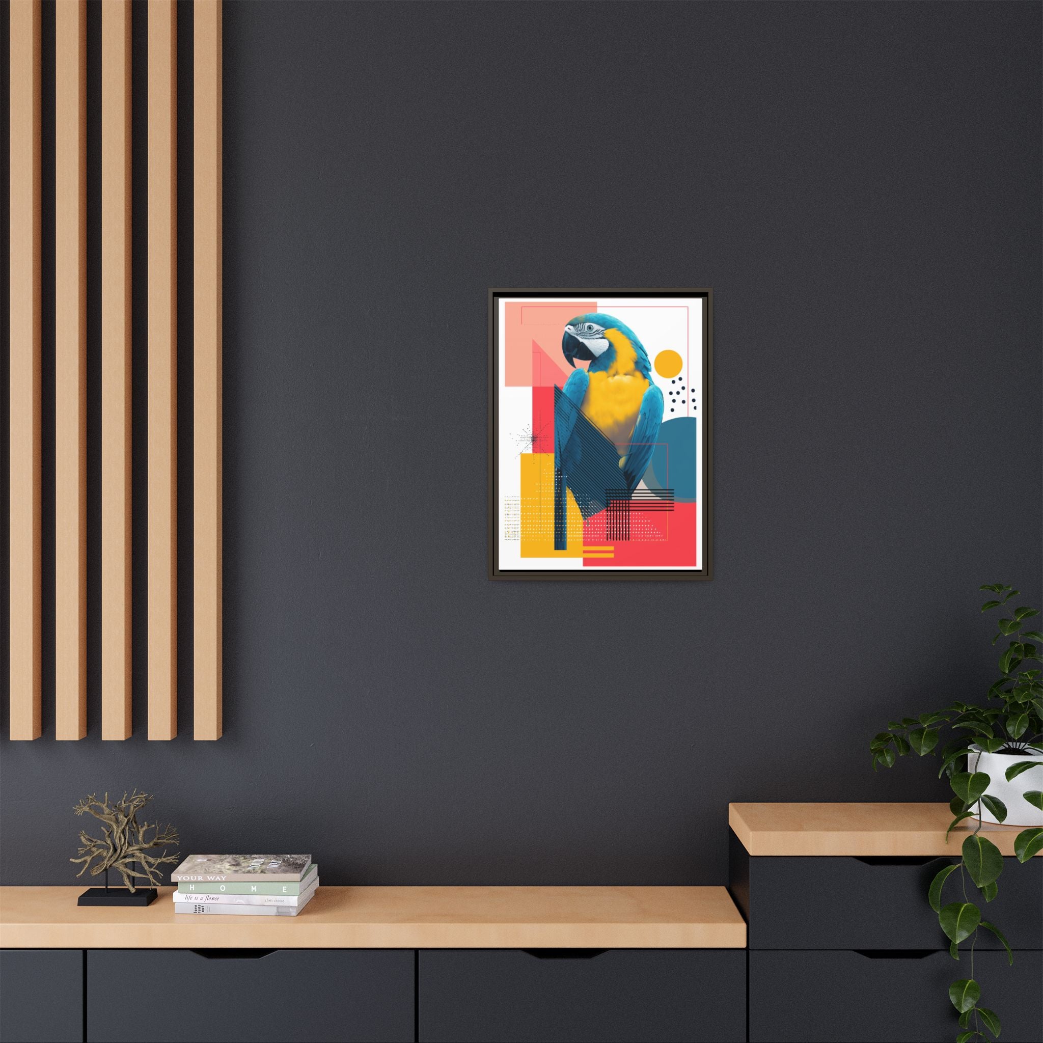 Prismatic Parrot Framed Print: Blue and Yellow Macaw in Geometric Space, Digital Art Composition   |  Personalized & Custom Orders Available