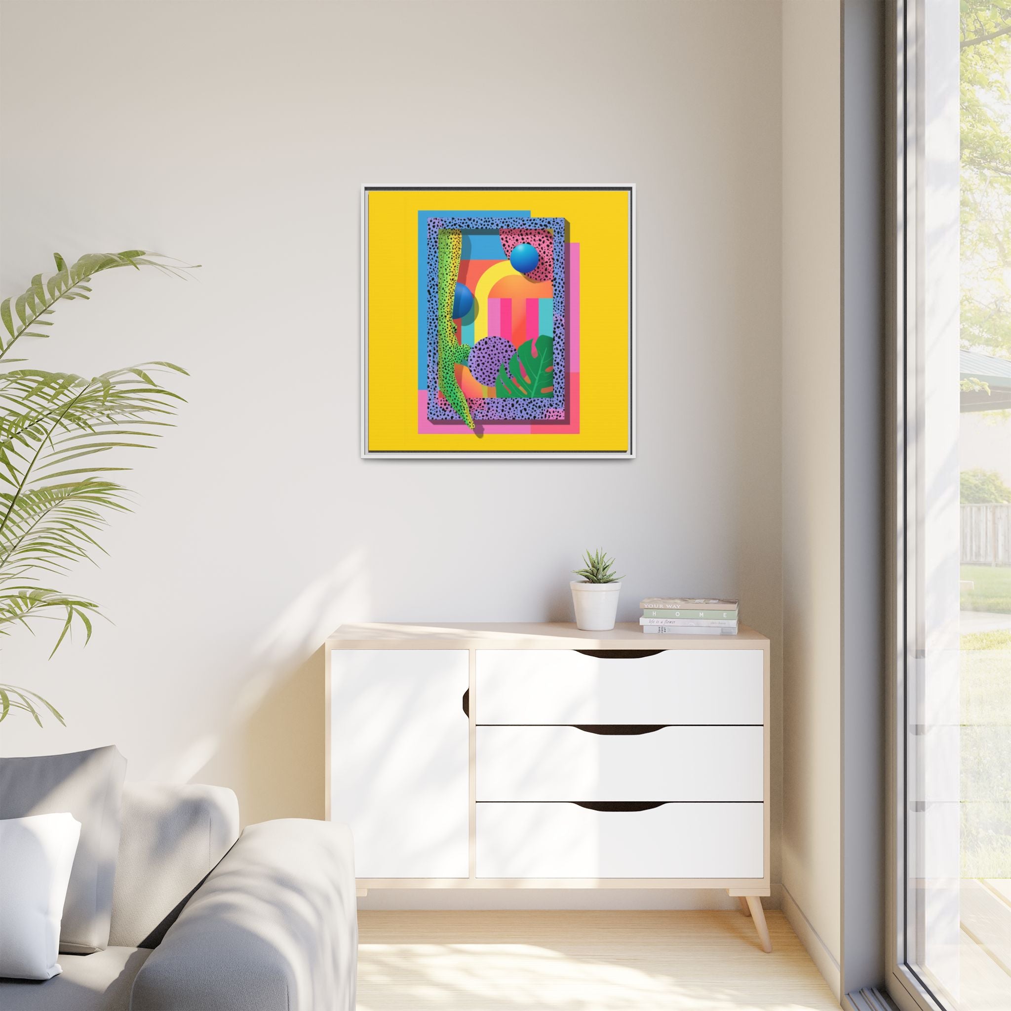 Geometric Rhythms: Abstract Layers of Color, Dimensional Shapes and Tropical Elements, Vibrant Modern Art Composition   |   Custom Orders