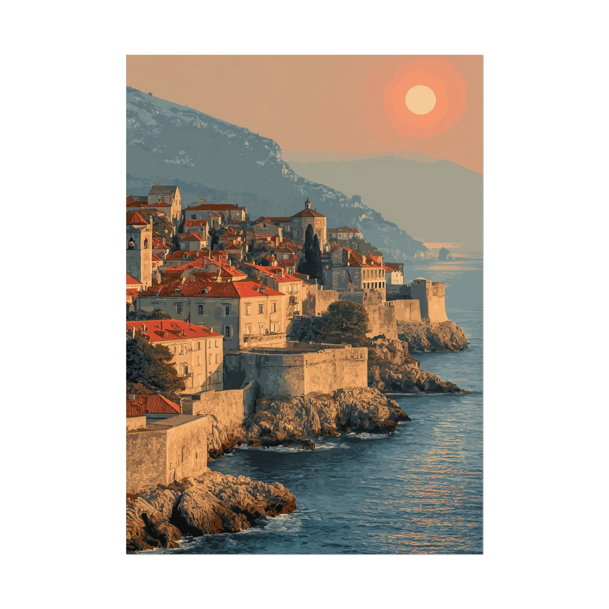 Dubrovnik's Golden Hour: Medieval Coastal Cityscape, Adriatic Sunset Panorama   |    Custom Orders Available