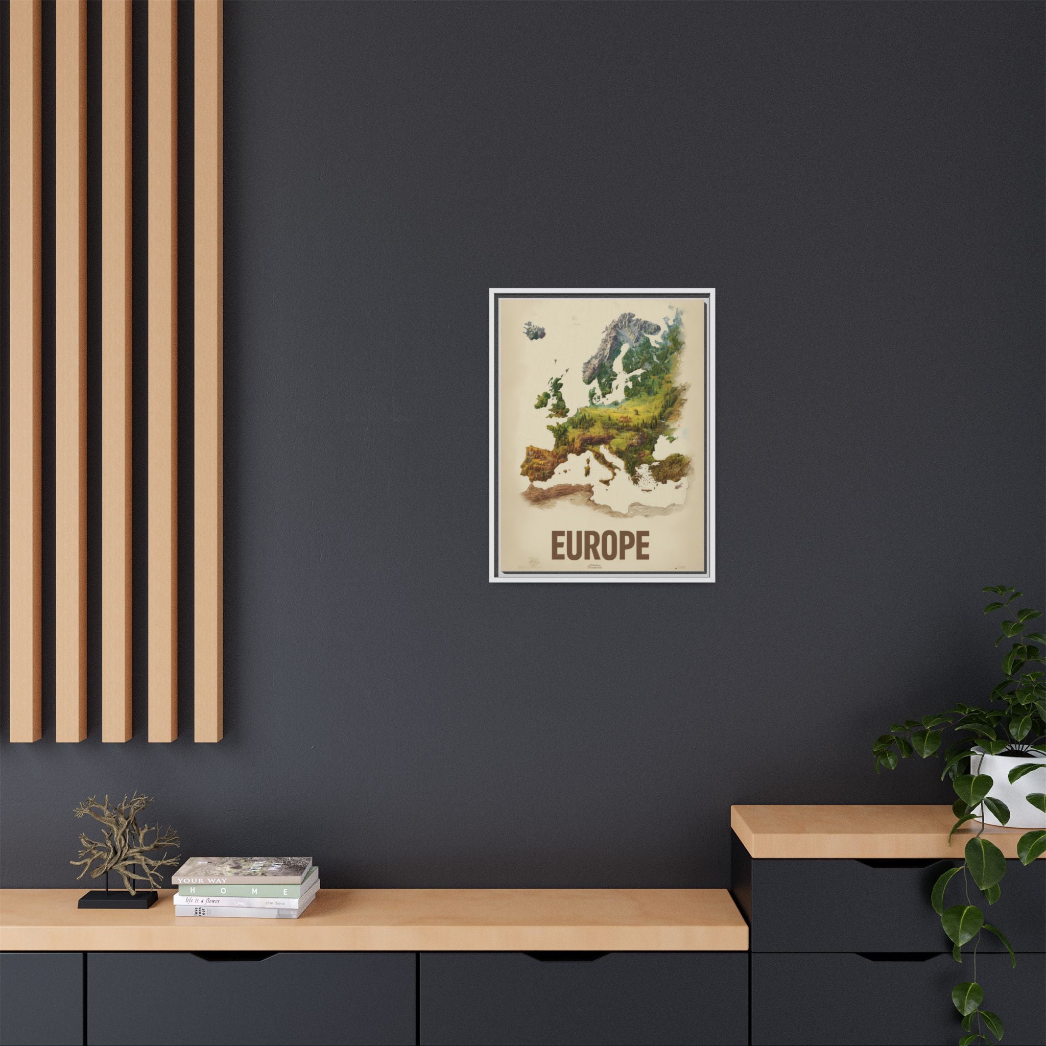 Framed Europe Map Canvas Print — Vintage Landscape Style Wall Art