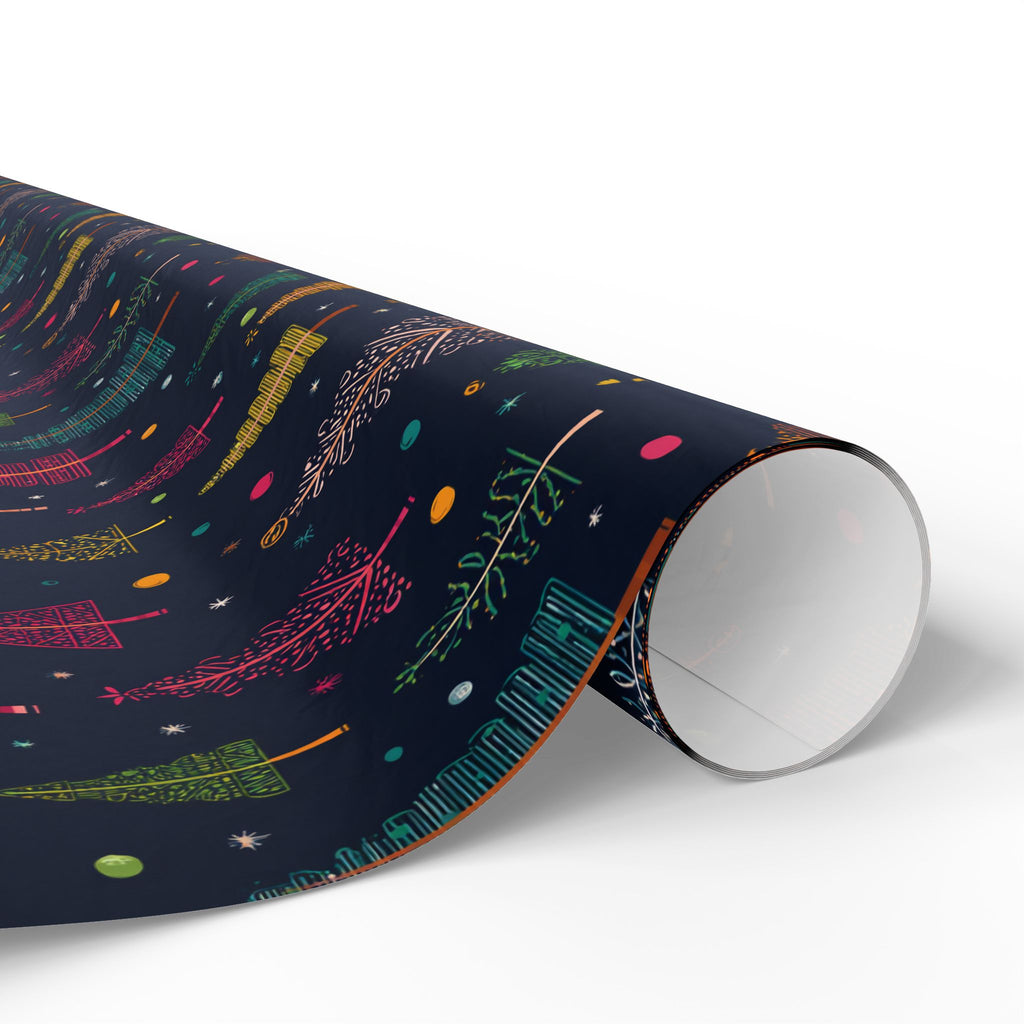 Christmas Tree Wrapping Paper Roll – Dark Navy Holiday Gift Wrap with Colorful Trees