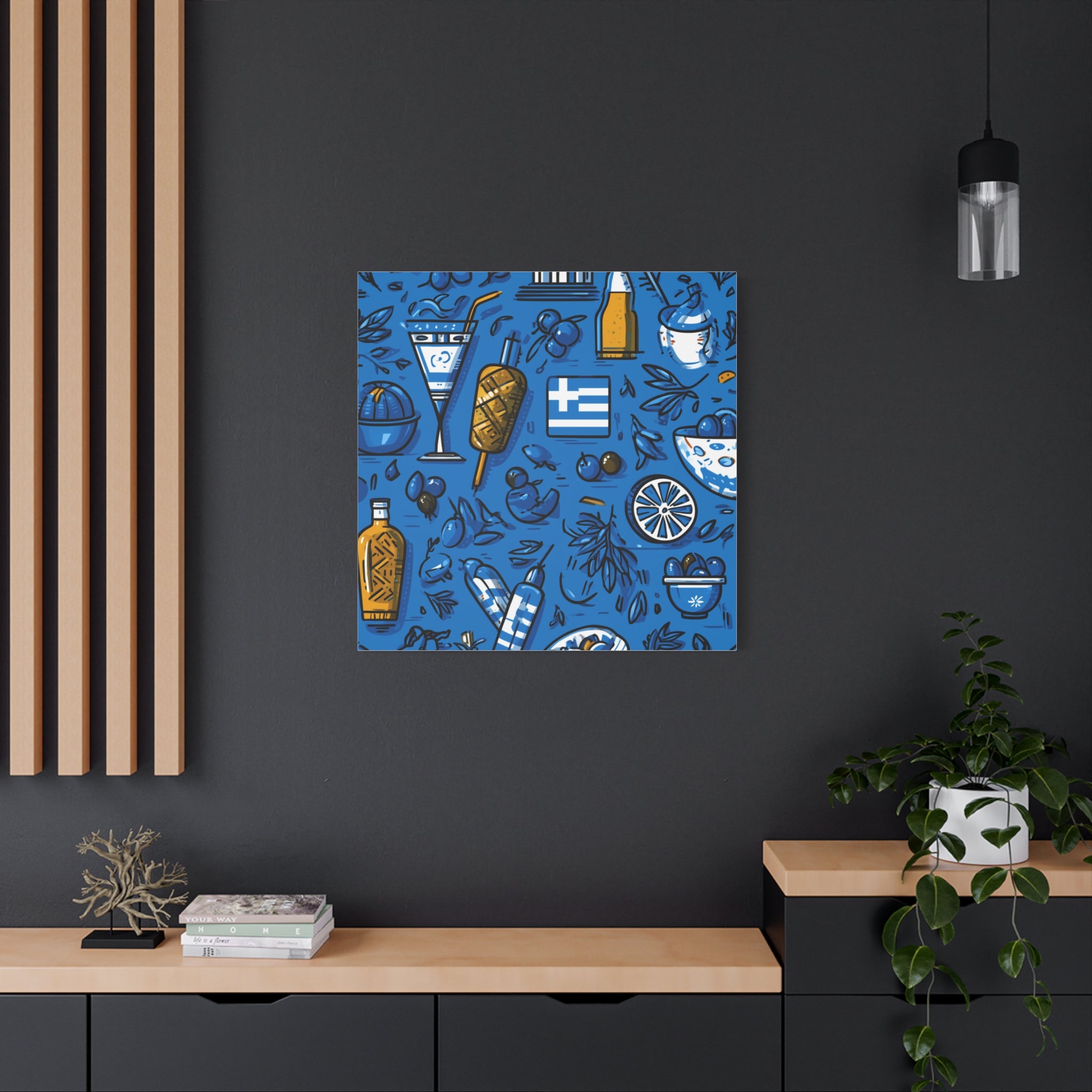 Vibrant Canvas Wall Art, Blue Mediterranean Theme, Kitchen Decor, Greek Party Decor, Olive and Drink Motif