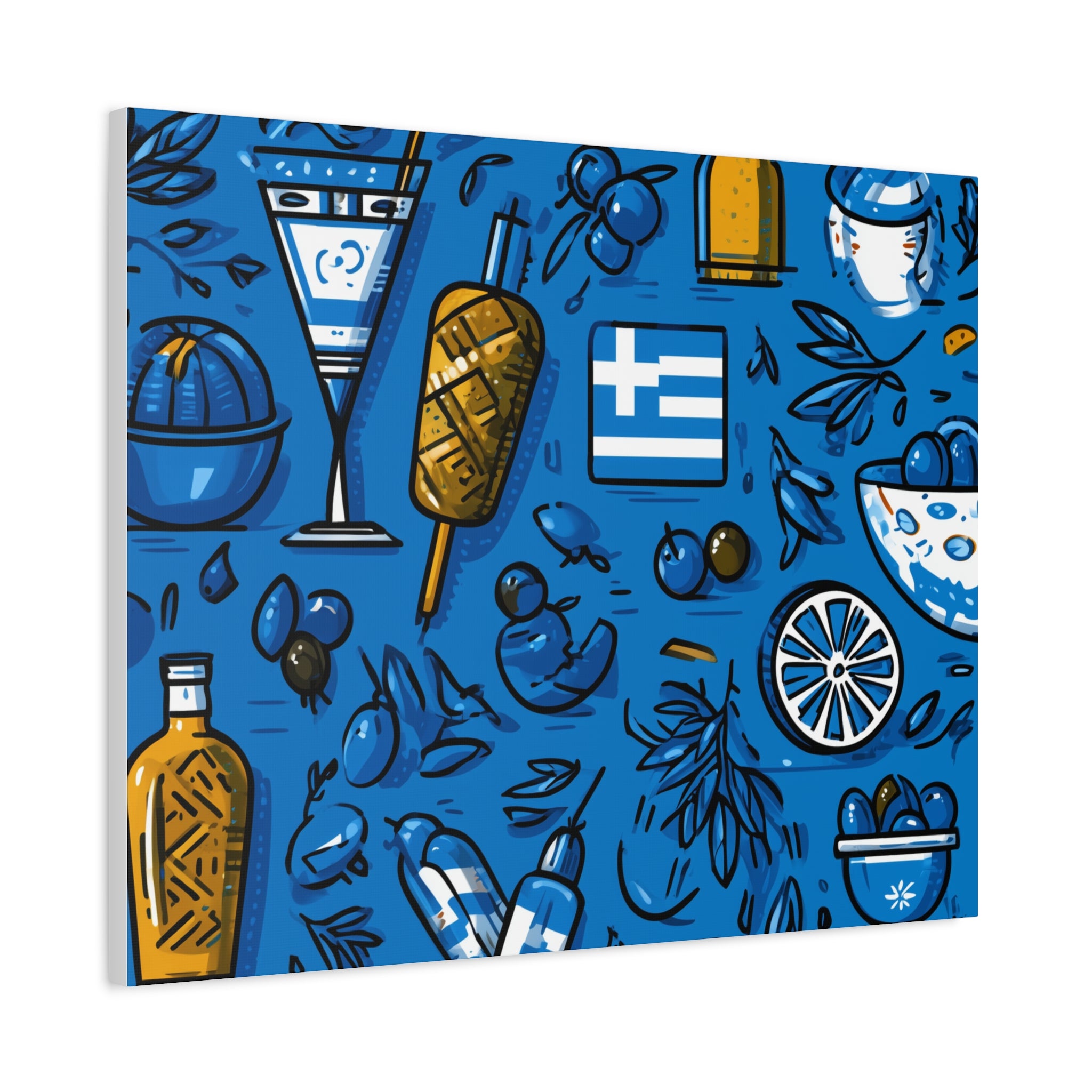 Vibrant Canvas Wall Art, Blue Mediterranean Theme, Kitchen Decor, Greek Party Decor, Olive and Drink Motif