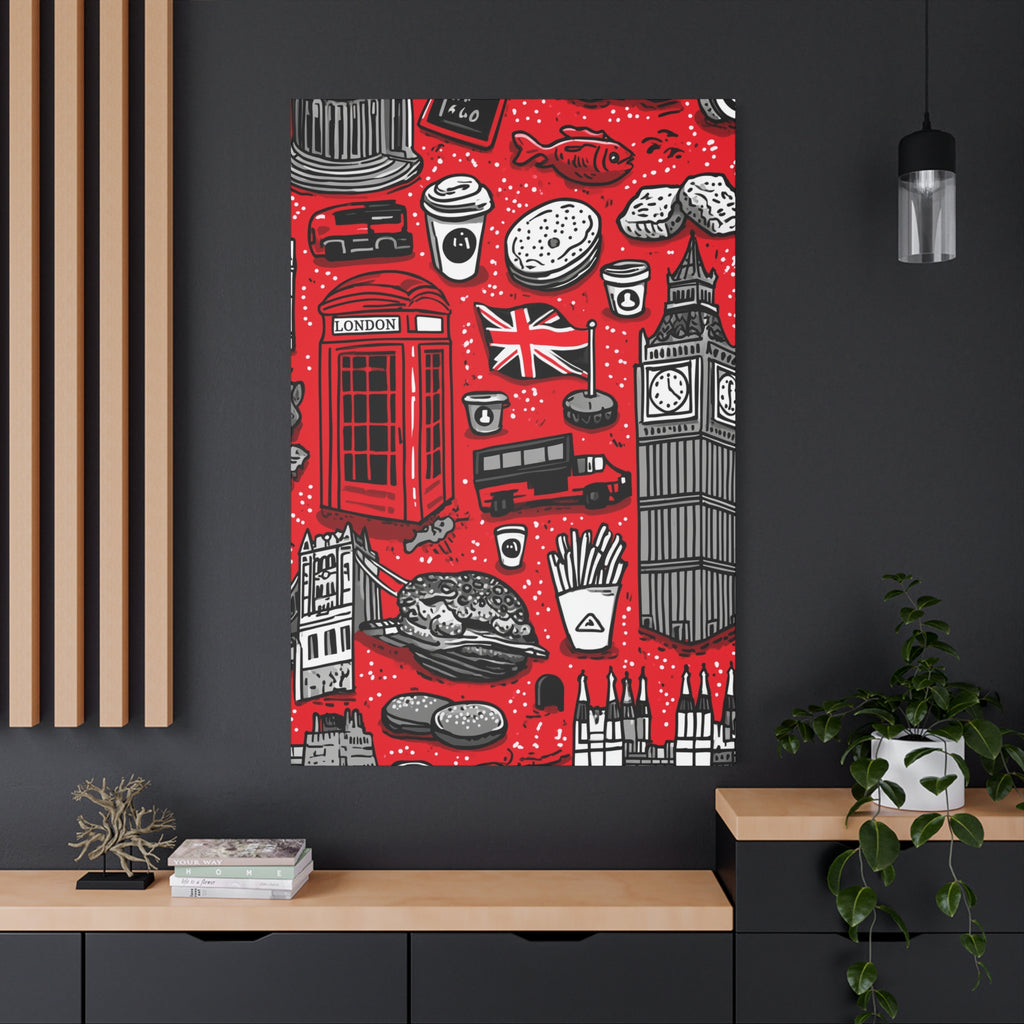 London-Themed Canvas Art, Wall Decor, Home Office Artwork, UK Travel Gift, British Culture Decor, Red and Black Design