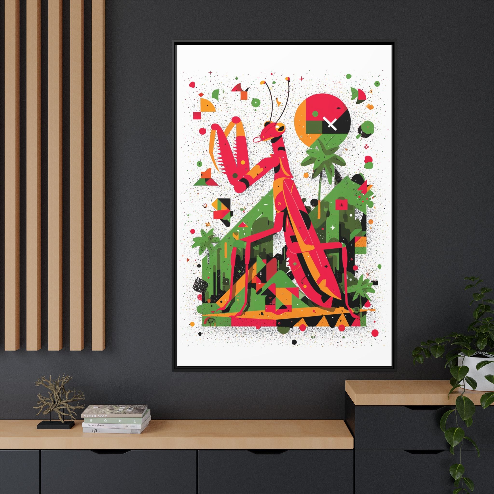Praying Mantis Framed Print Geometric : Abstract Modernist Insect Art, Graphic Design Composition   |   Custom Orders Available