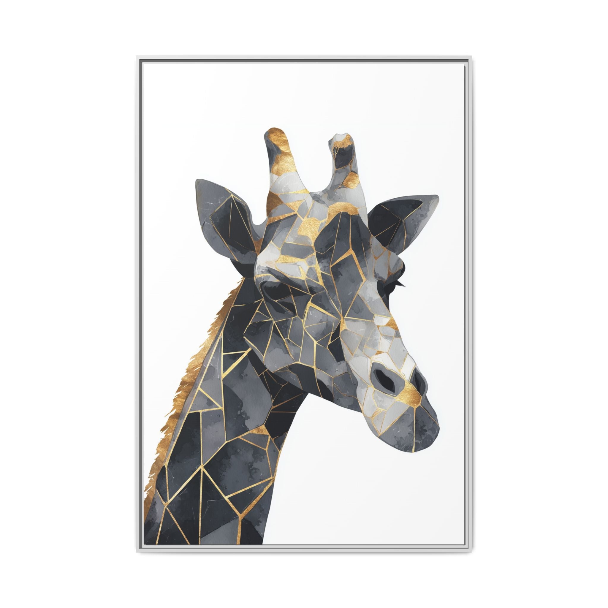 Geometric Giraffe Mosaic Framed Print : Contemporary Cubist Animal Portrait, Metallic Gold Angular Design   |   Custom Orders Available