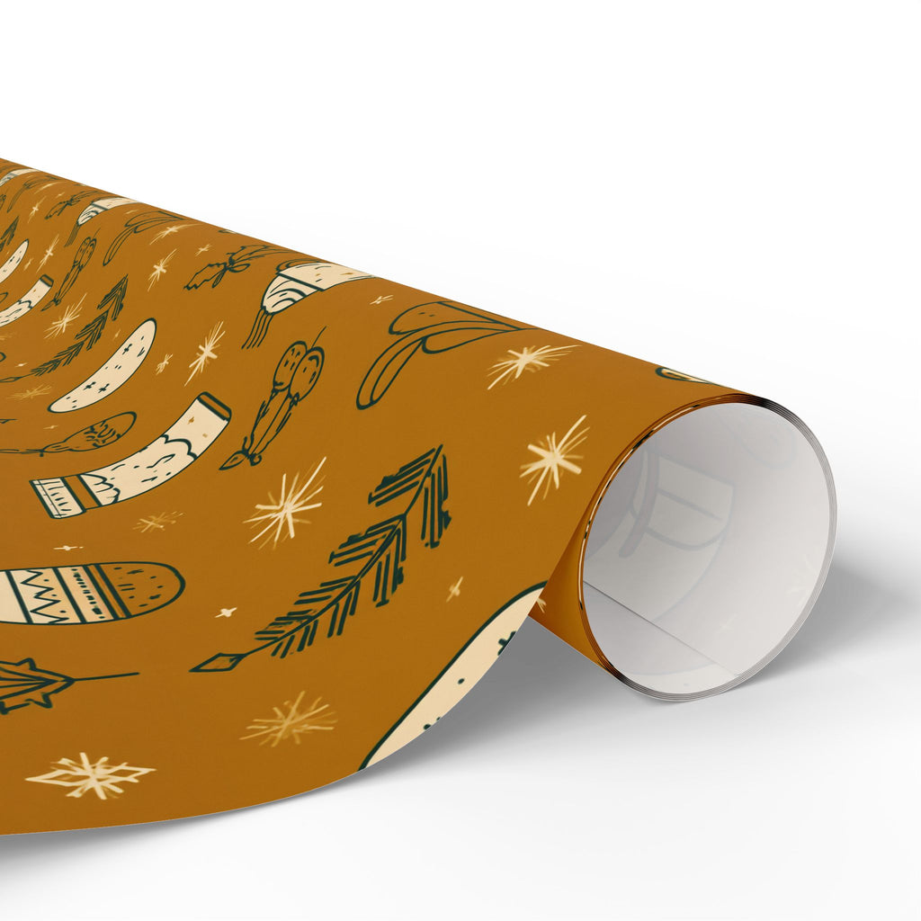 Wrapping Paper Roll — Cozy Brown Holiday Pattern with Mittens & Pine Sprigs