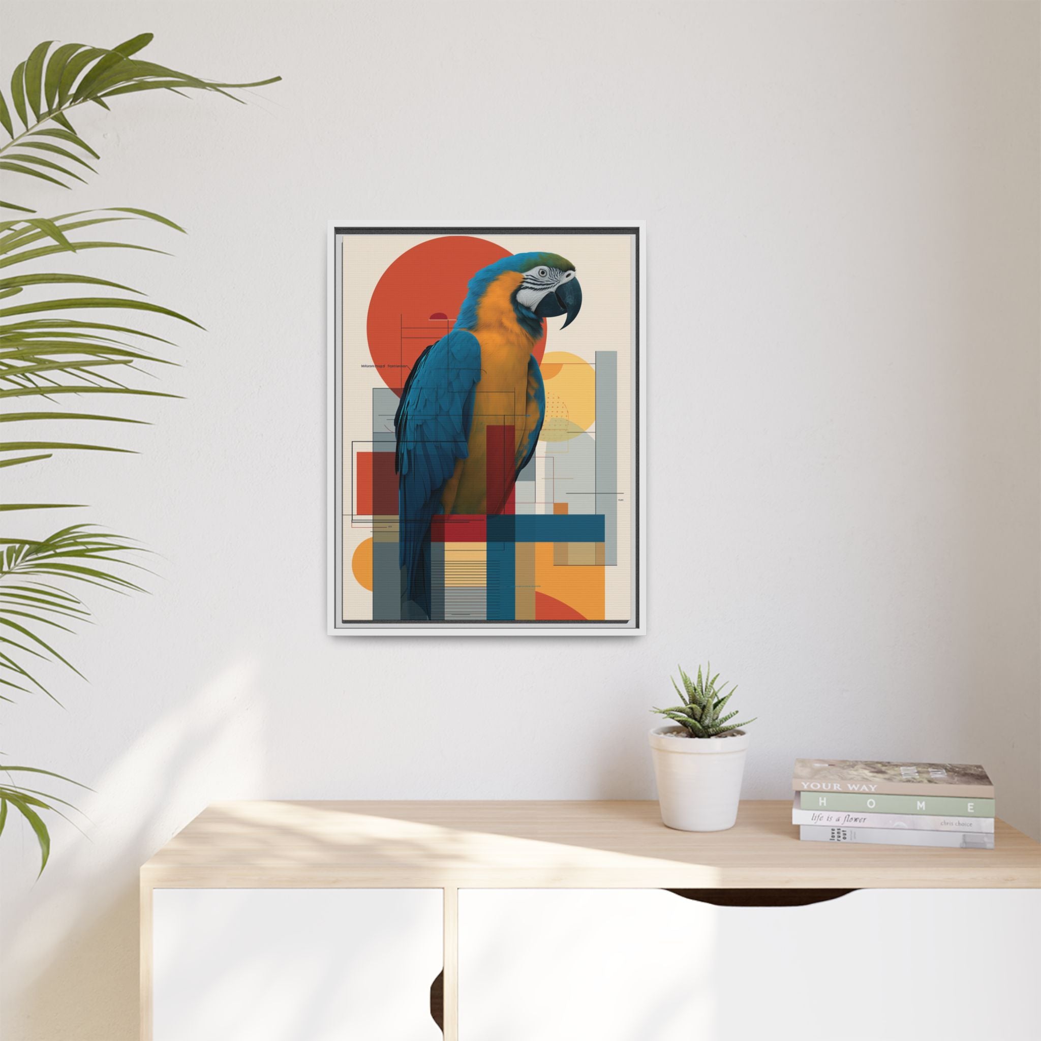 Vibrant Macaw Geometric Framed Print: Avian Realism, Modern Abstract Composition   |  Personalized & Custom Orders Available