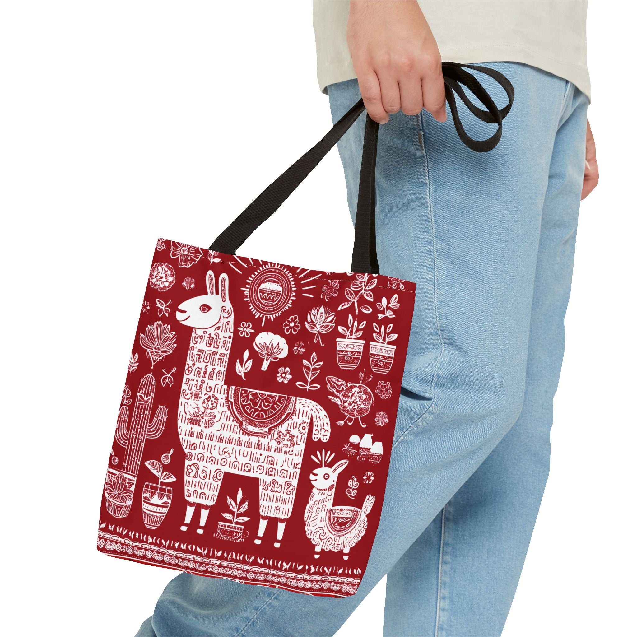Llama Love Tote Bag, Colorful Alpaca Shopper, Boho Market Tote, Eco-Friendly Gift, Perfect for Festivals, Red AOP Design
