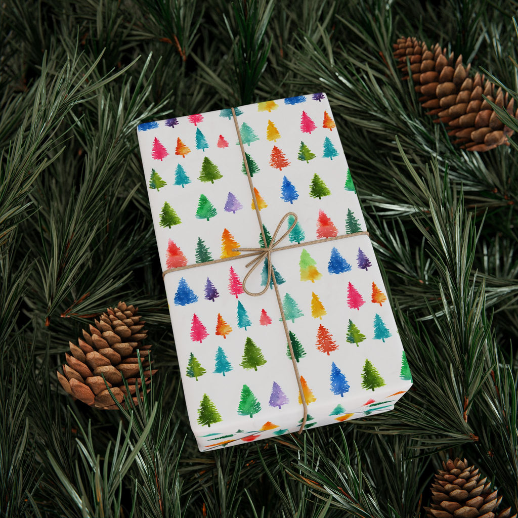Holiday Tree Wrapping Paper — Colorful Watercolor Christmas Trees Gift Wrap Roll