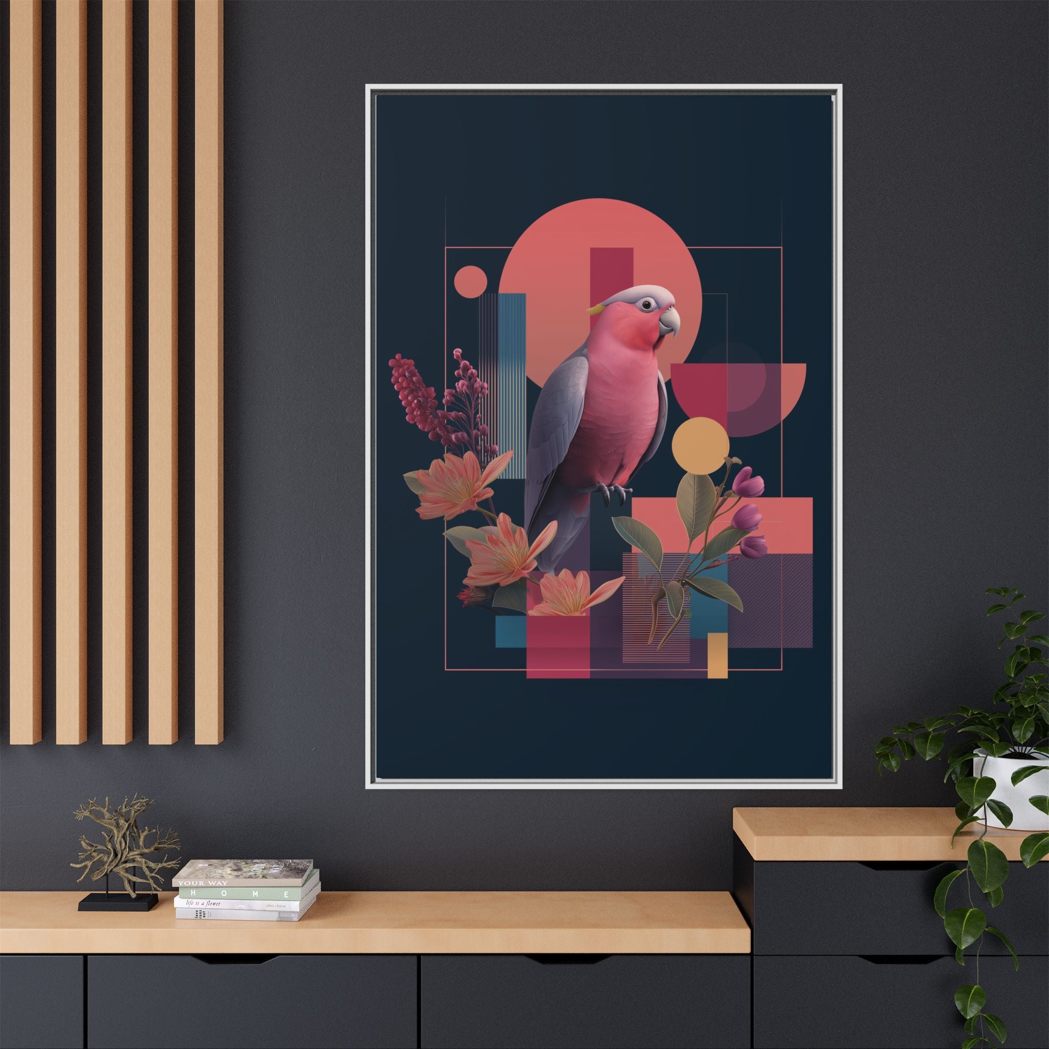 Galah Geometric Framed Print : Stylized Digital Cockatoo Portrait, Contemporary Abstract Botanical    |   Custom Orders Accepted