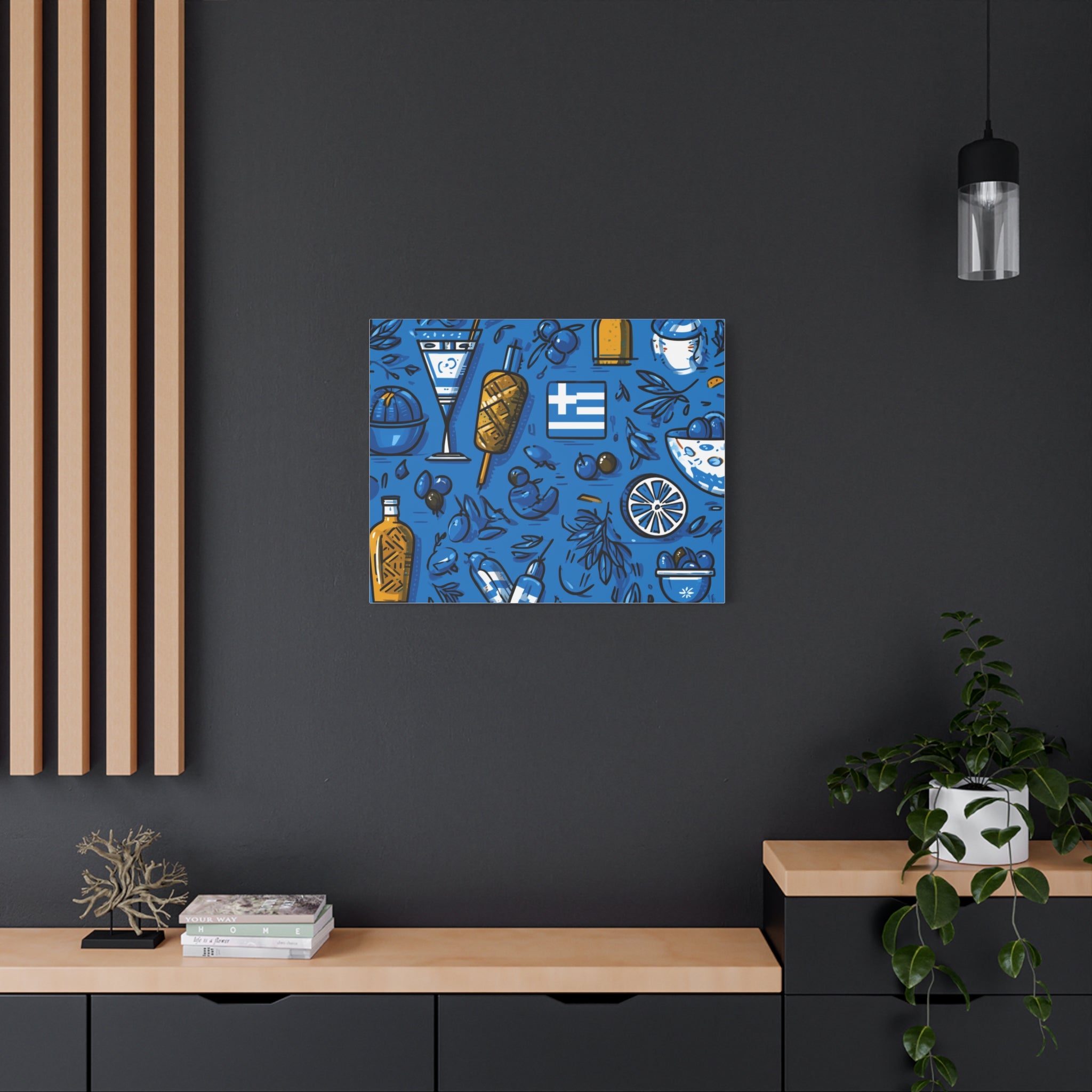Vibrant Canvas Wall Art, Blue Mediterranean Theme, Kitchen Decor, Greek Party Decor, Olive and Drink Motif