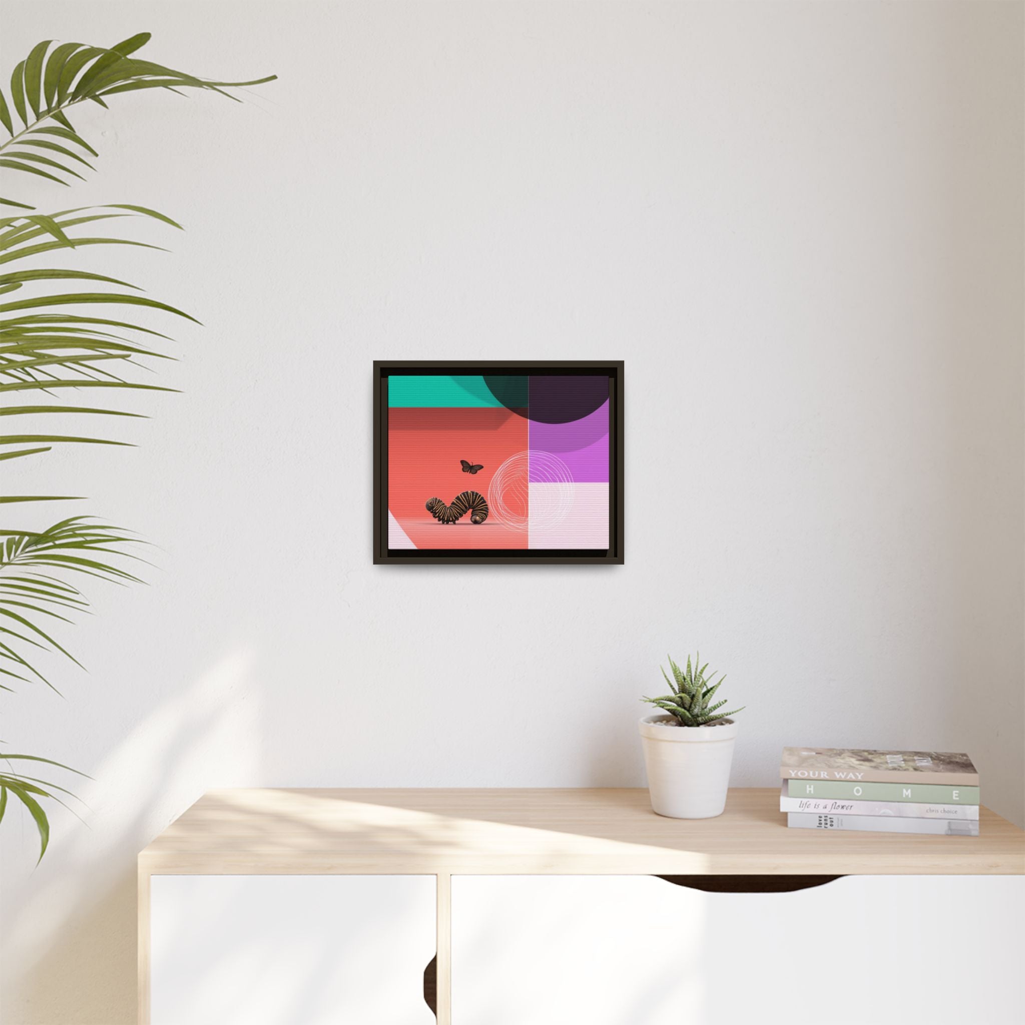Striped Caterpillar and Butterfly Framed Print , Mid-Century Modern Color Blocks   |  Personalized & Custom Orders Available