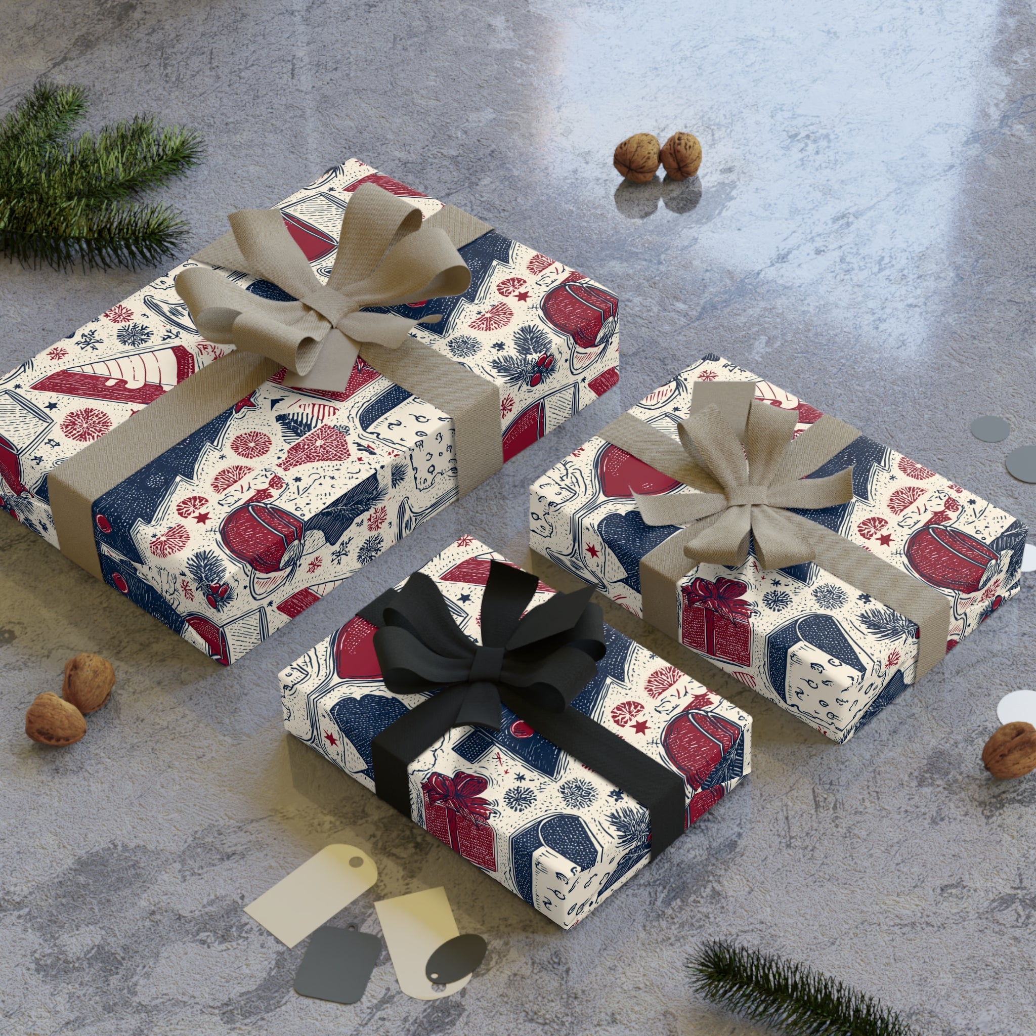 French Christmas Gift Wrap Roll, Holiday Present Packaging, Festive Decorative Paper, Unique Xmas Pattern Design,