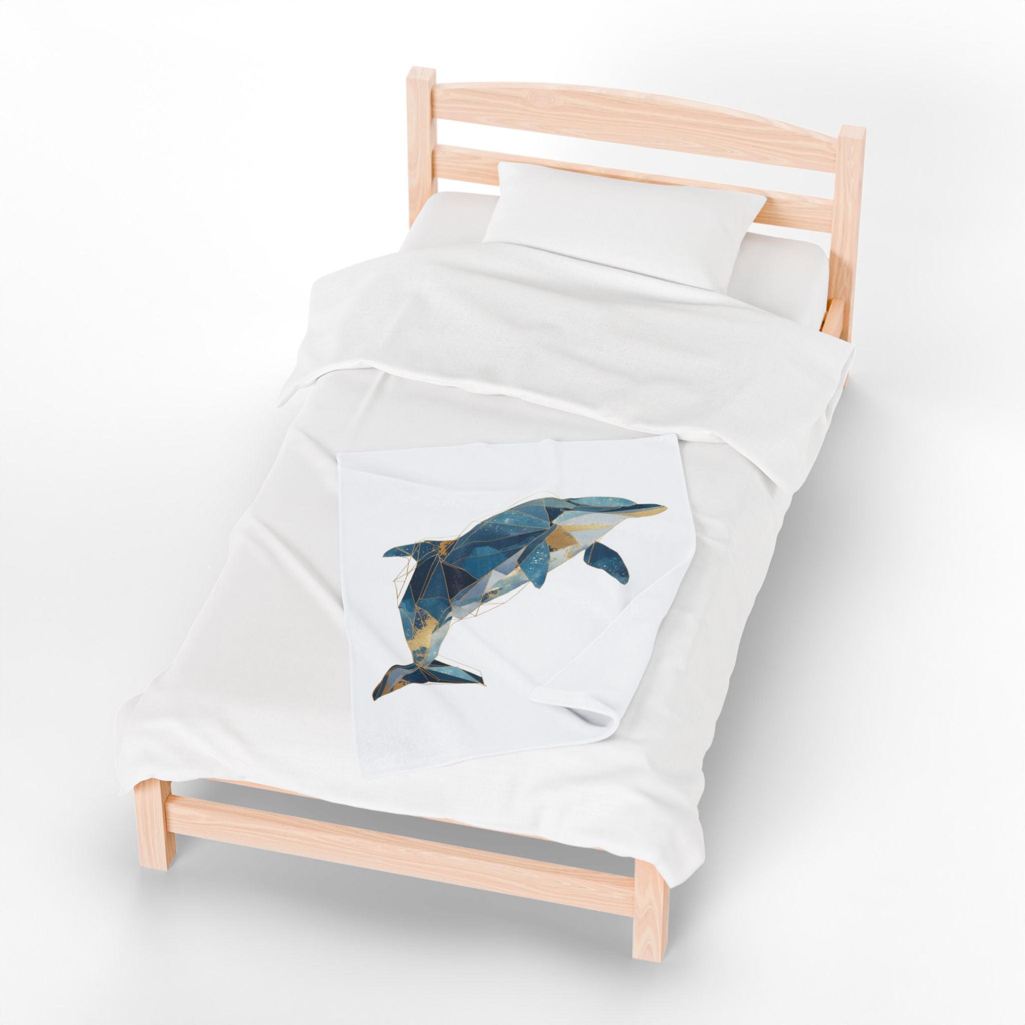 Velveteen Plush Blanket, Blue and Gold Geometric Dolphin Blanket, Ocean Theme, Gold Accent, Home Decor, Cozy Throw, Nautical Blanket, Gift