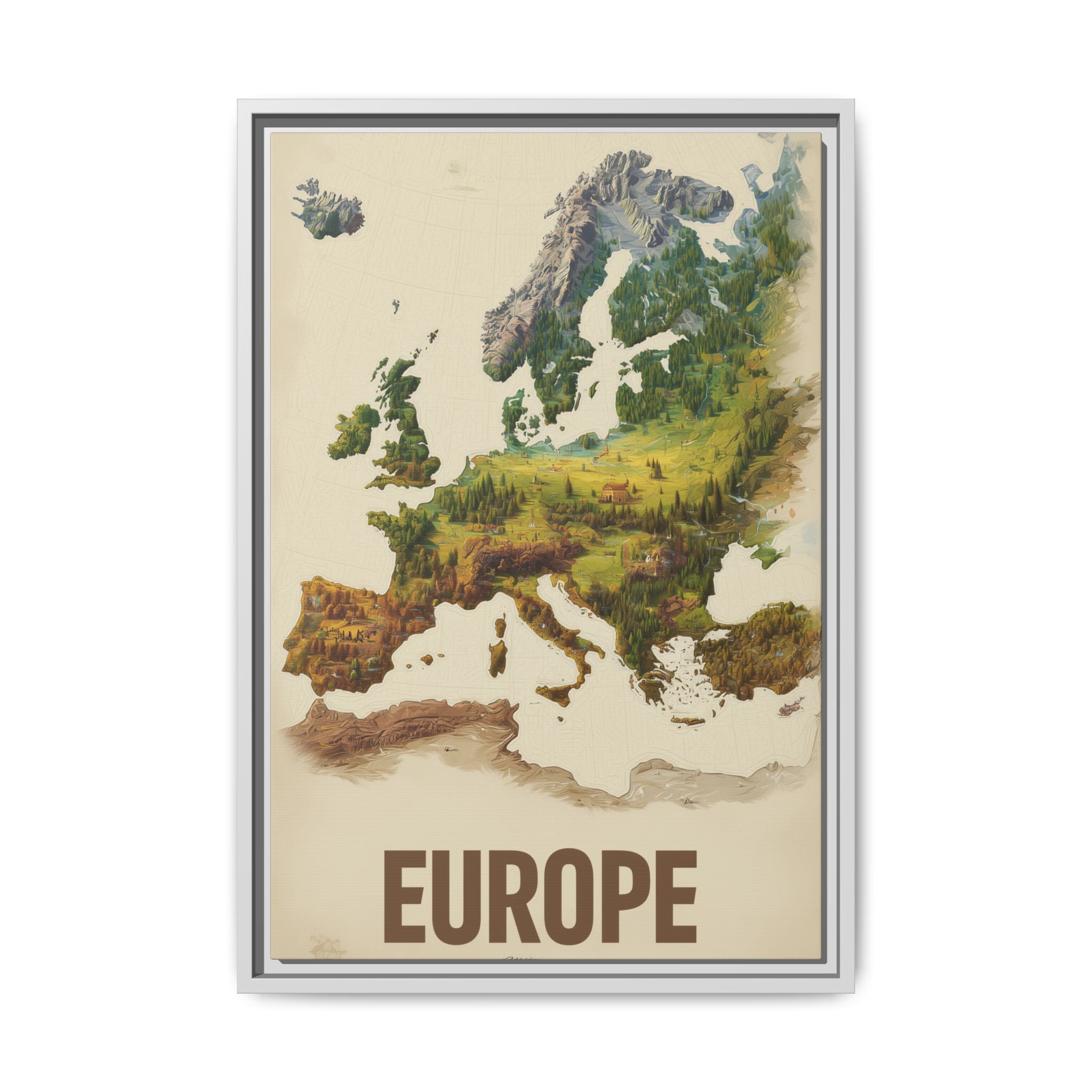 Framed Europe Map Canvas Print — Vintage Landscape Style Wall Art