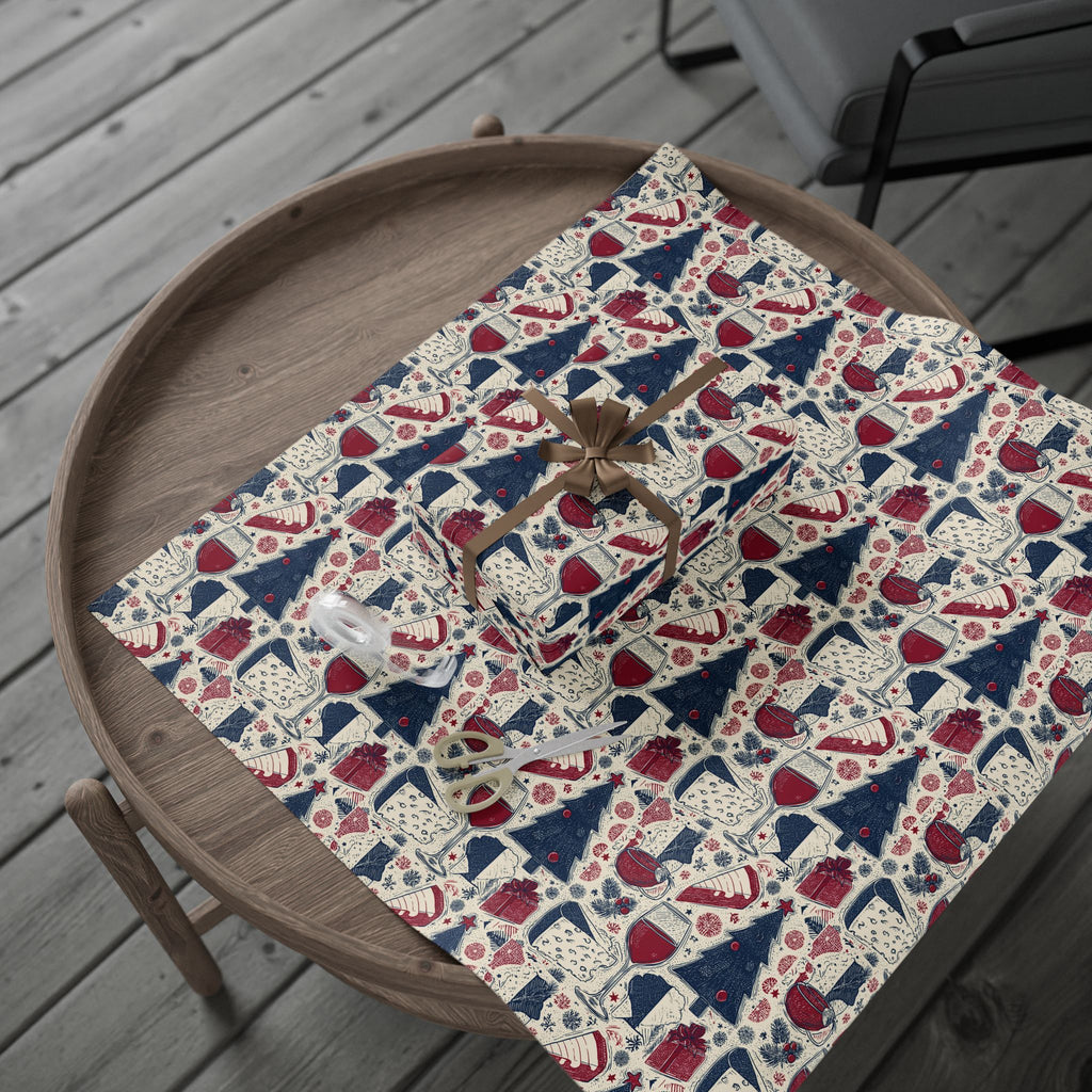 Festive Red & Navy French Christmas Tree Wrapping Paper — Holiday Gift Wrap Roll
