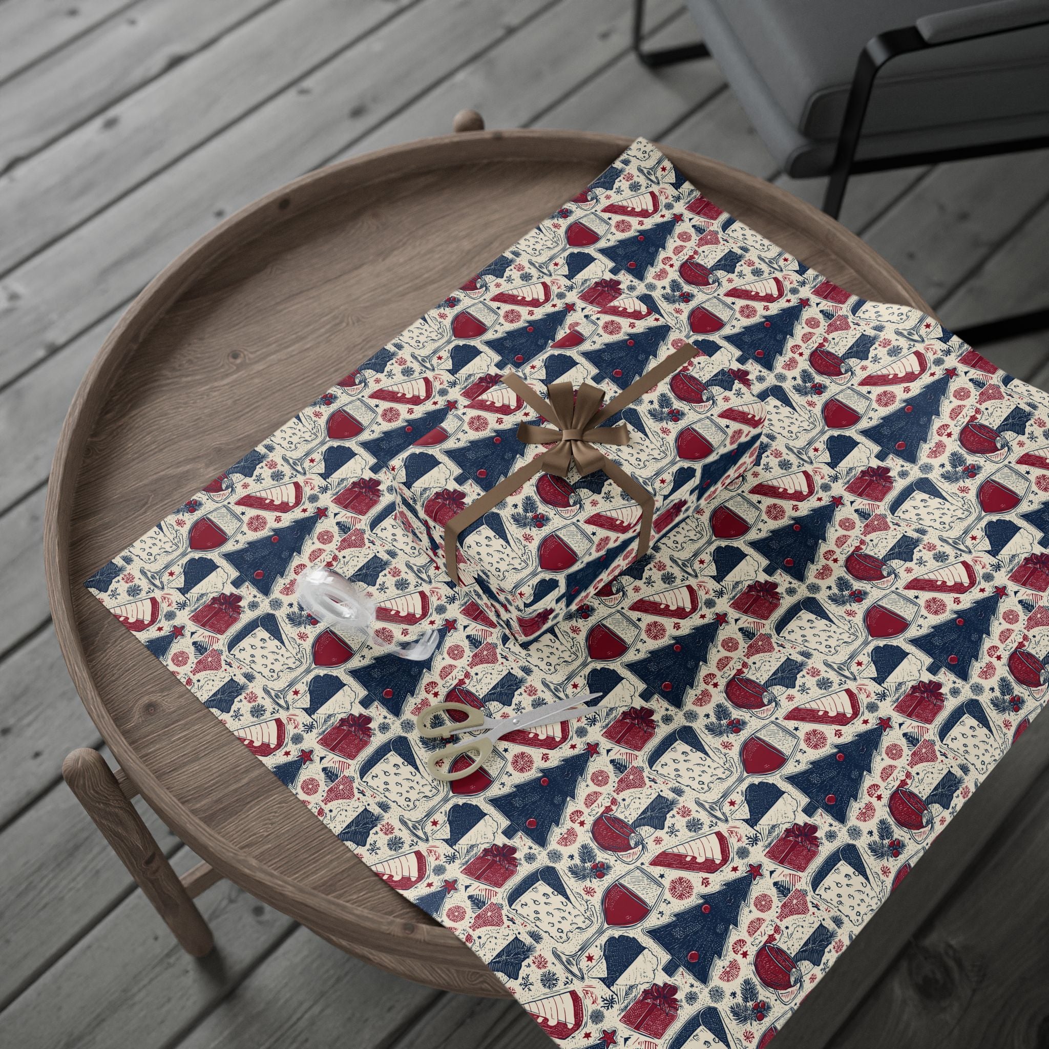 Festive Red & Navy French Christmas Tree Wrapping Paper — Holiday Gift Wrap Roll