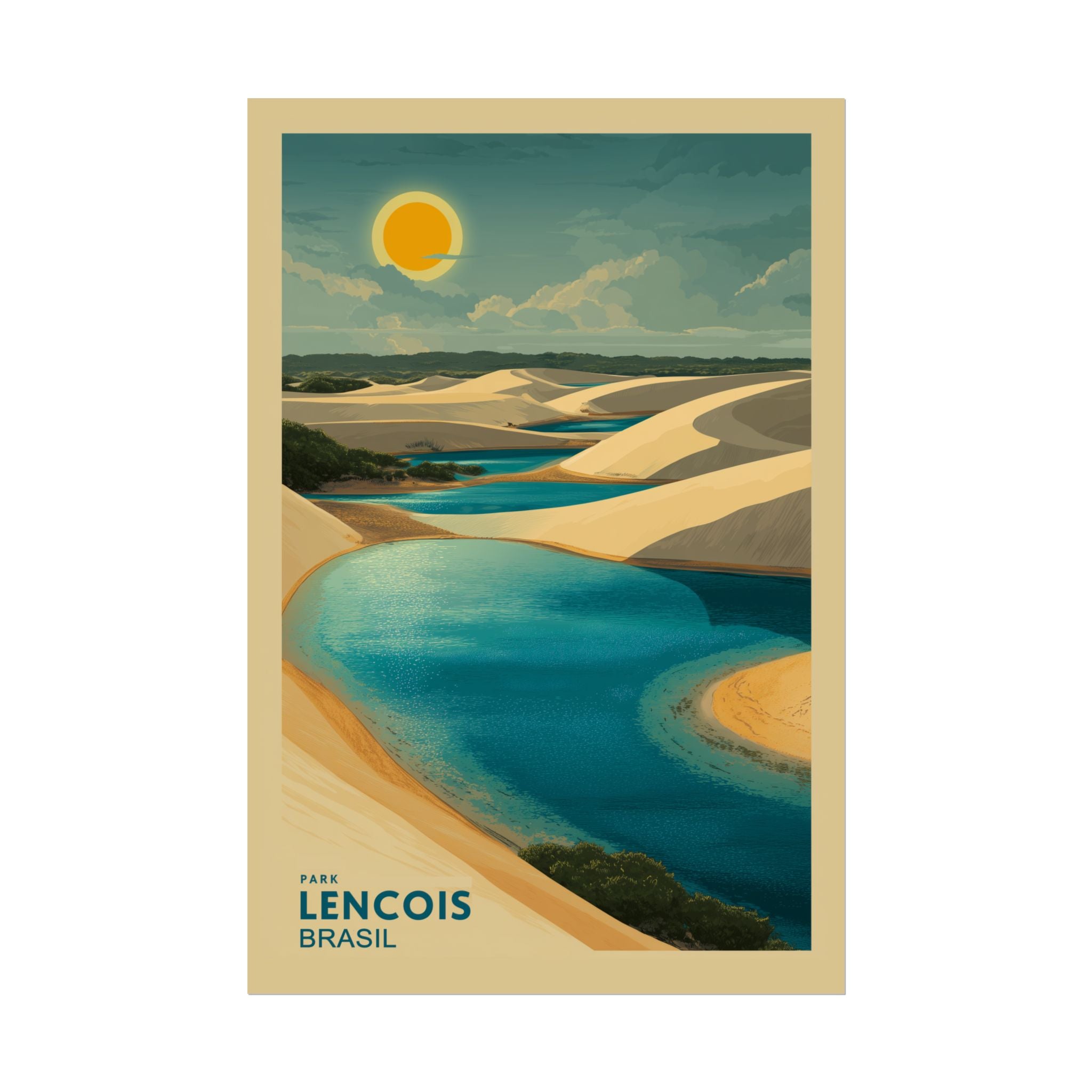 Lençois Park Dreamscape: Golden Dunes and Turquoise Waters, Vintage Travel Poster Panorama   |    Custom Orders Available