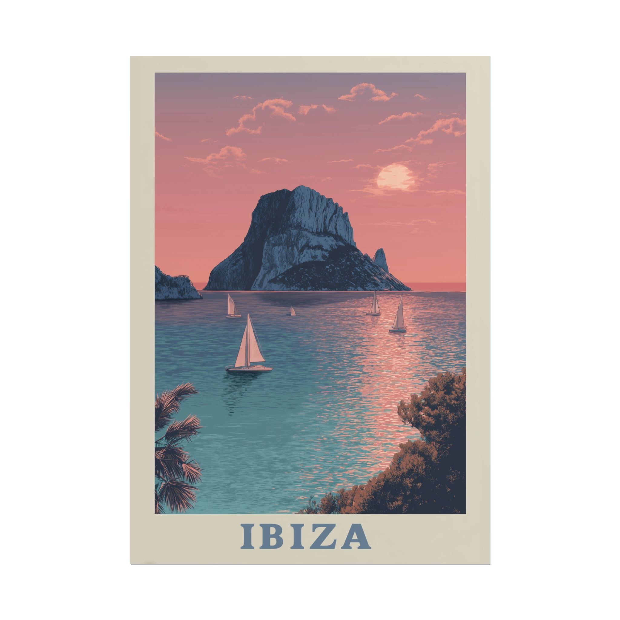 Ibiza Sunset Serenade: Vintage Travel Poster, Mediterranean Coastal Landscape   |    Custom Orders Available