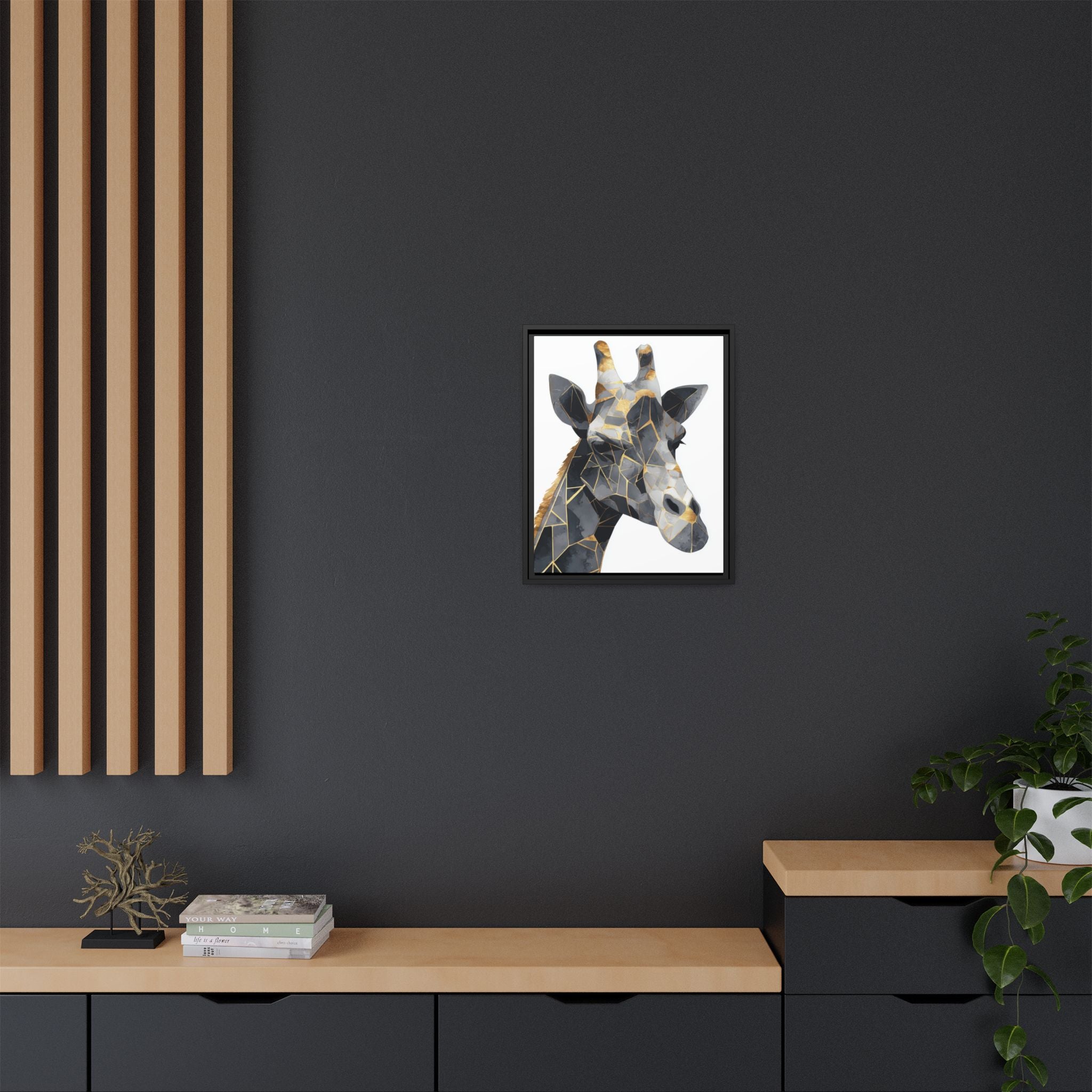 Geometric Giraffe Mosaic Framed Print : Contemporary Cubist Animal Portrait, Metallic Gold Angular Design   |   Custom Orders Available