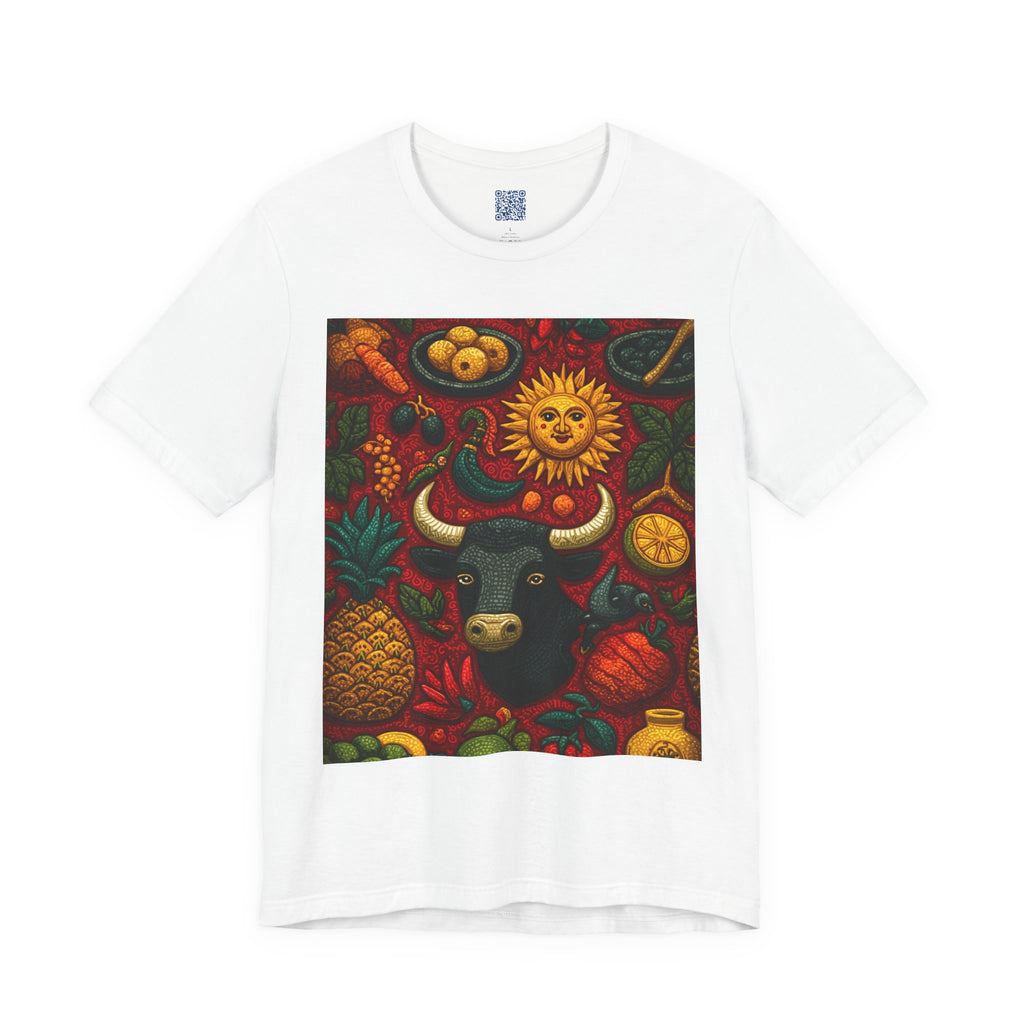Vibrant Bull & Sun Graphic Tee, bohemian t-shirt, art-inspired top, zodiac apparel, gift for Taurus