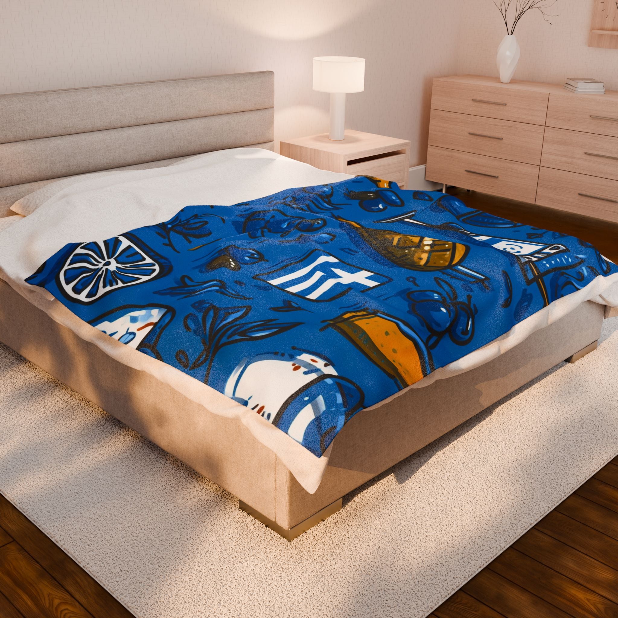 Greek Cultural Symphony Quilt Doona Duvet Cover : Aegean Blue Celebration, Mediterranean Graphic Design Mosaic   |   Custom Orders Accepted