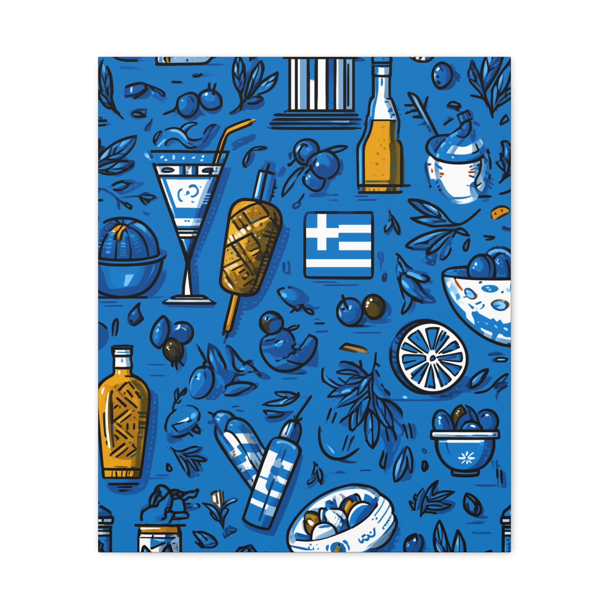 Vibrant Canvas Wall Art, Blue Mediterranean Theme, Kitchen Decor, Greek Party Decor, Olive and Drink Motif