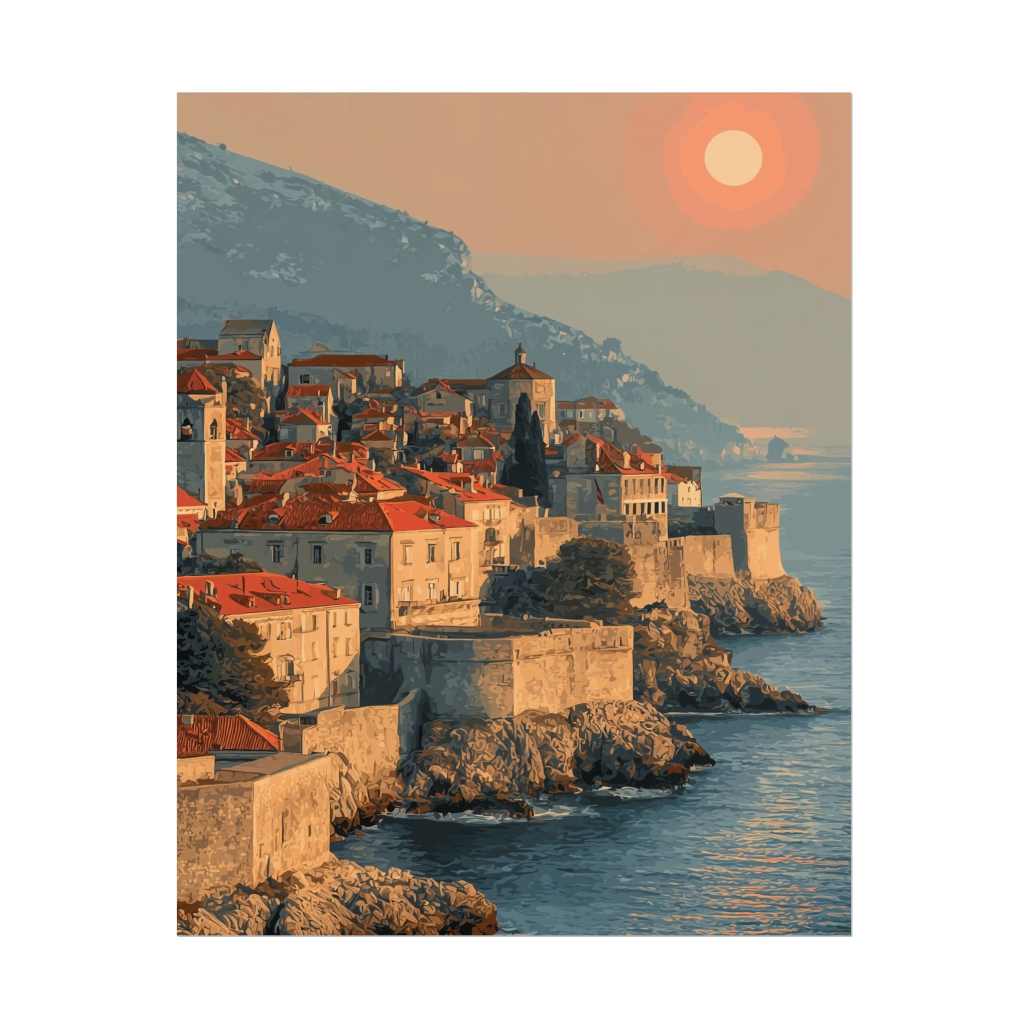 Dubrovnik's Golden Hour: Medieval Coastal Cityscape, Adriatic Sunset Panorama   |    Custom Orders Available