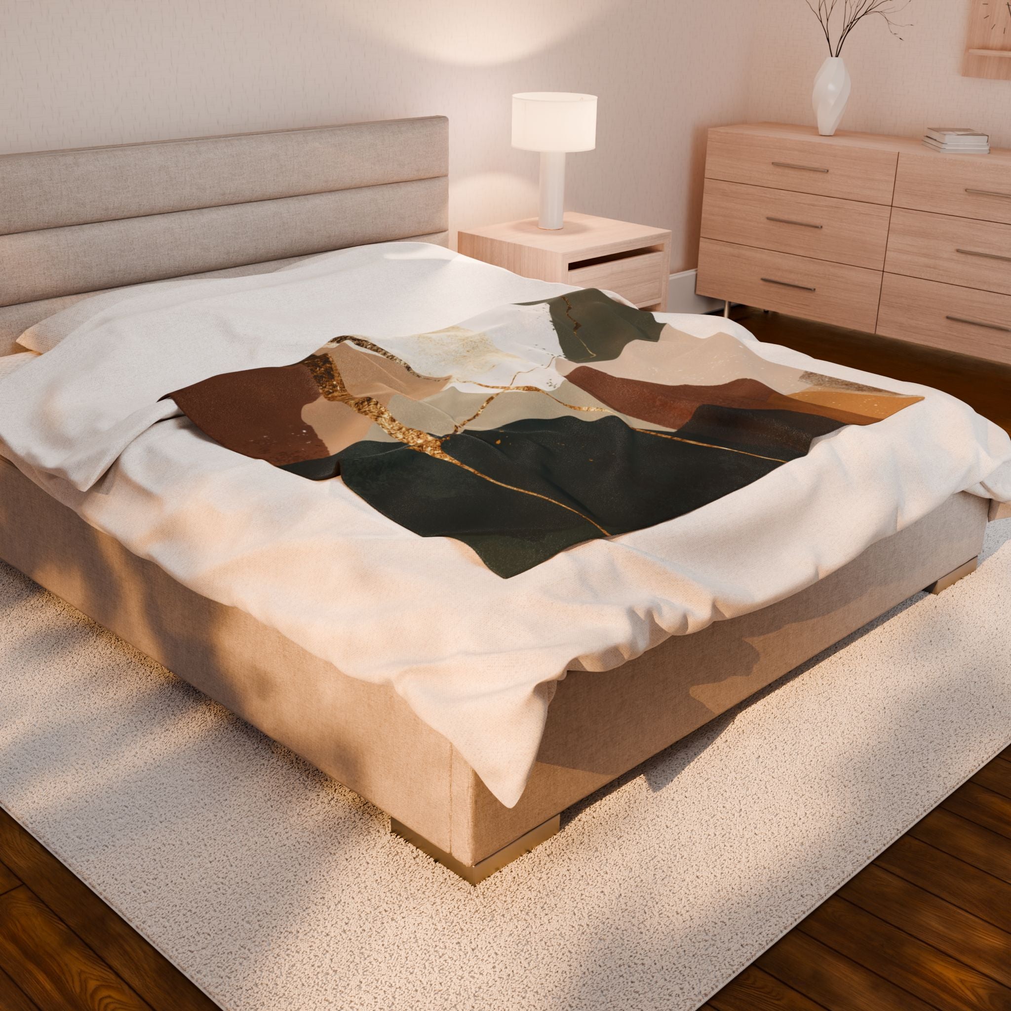 Velveteen Plush Blanket, Abstract Earthen Duvet or Doona cover, Gold Accent, Modern Home Decor, Cozy Throw Blanket, Luxurious Bedding,