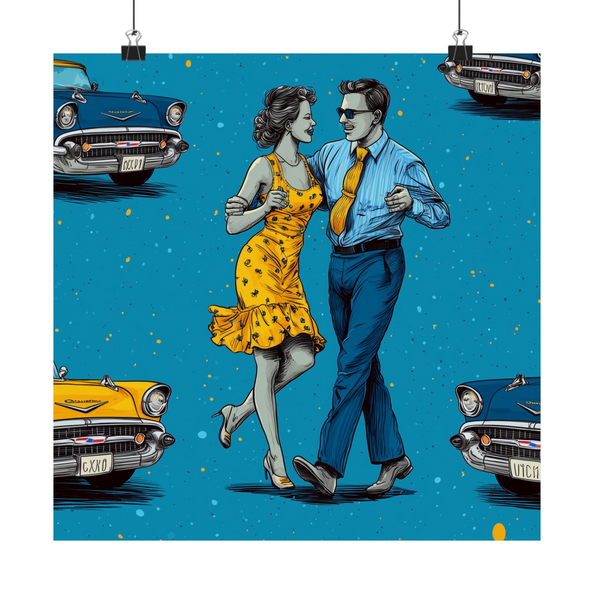 Retro Cuba Cuban Salsa Dance Poster, Vintage Wall Art, 1950s Decor, Blue Car Art, Nostalgic Home Decoration
