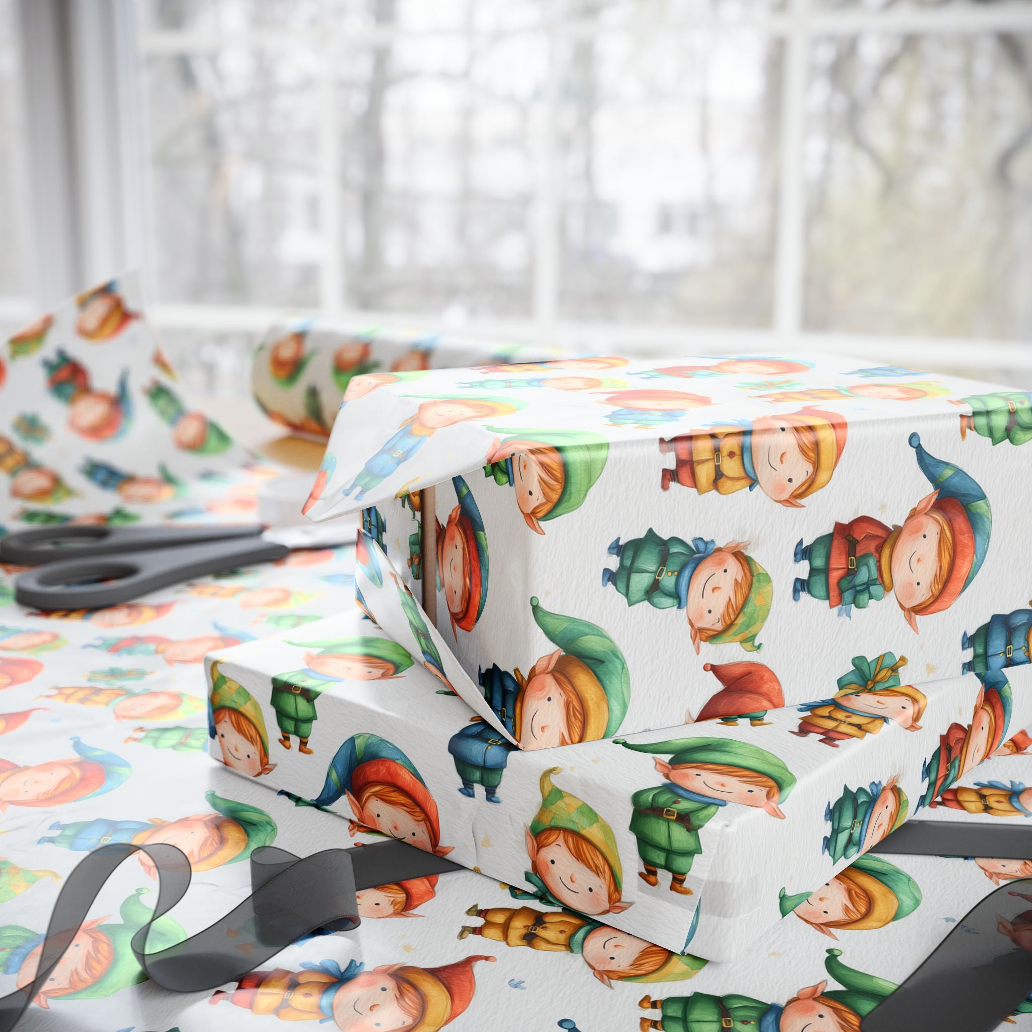 Christmas Elves Wrapping Paper - Cute Holiday Gift Wrap Sheet