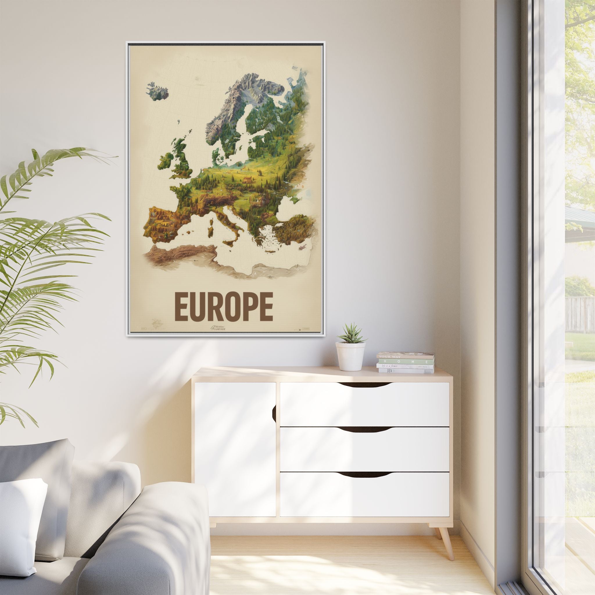 Framed Europe Map Canvas Print — Vintage Landscape Style Wall Art