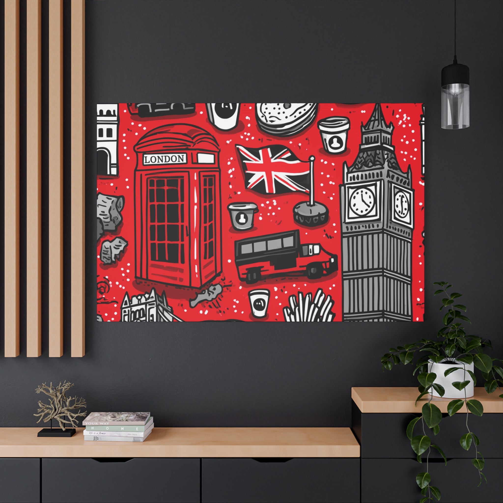 London-Themed Canvas Art, Wall Decor, Home Office Artwork, UK Travel Gift, British Culture Decor, Red and Black Design