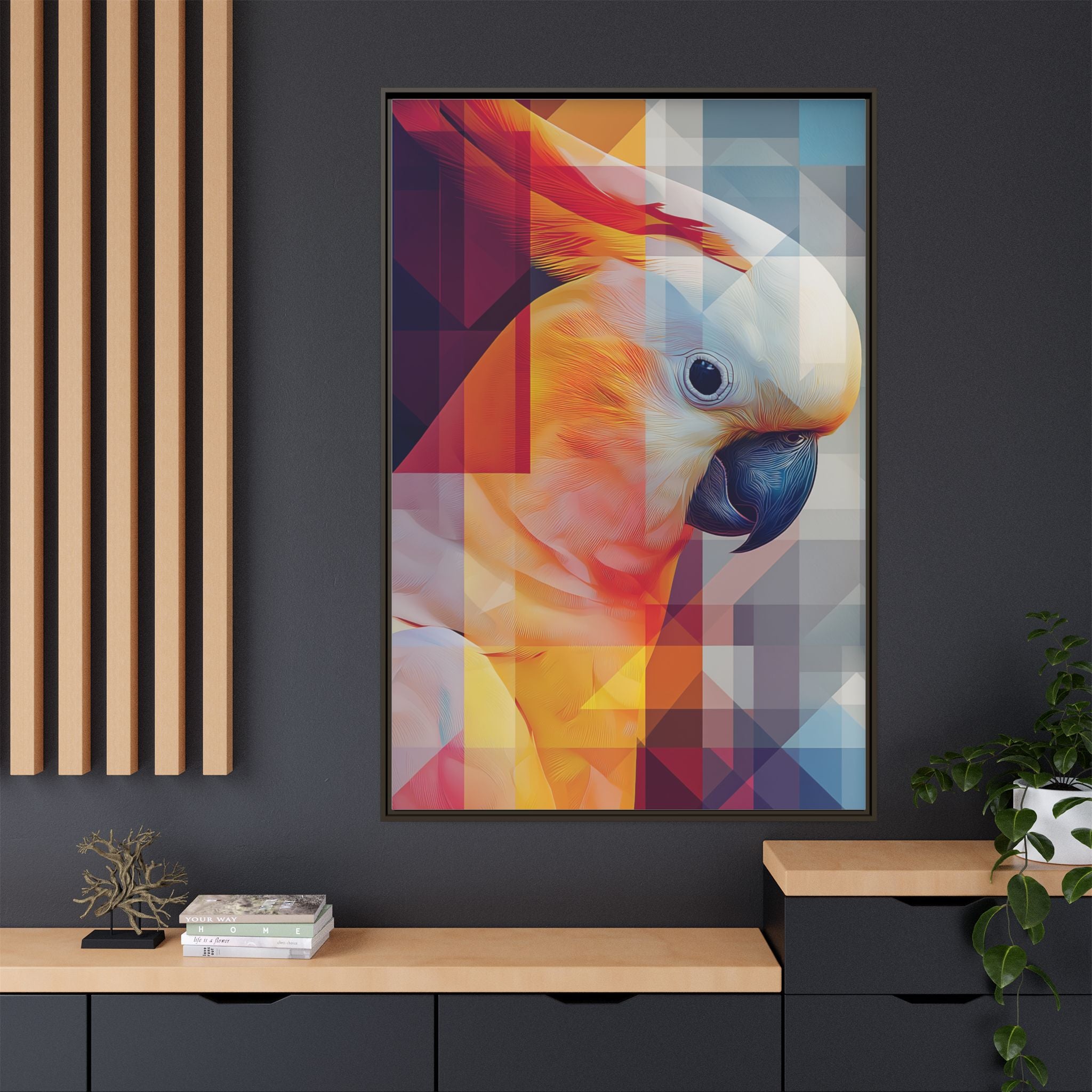 Prismatic Cockatoo Framed Print: Geometric Portrait, Digital Mosaic Artwork   |  Personalized & Custom Orders Available