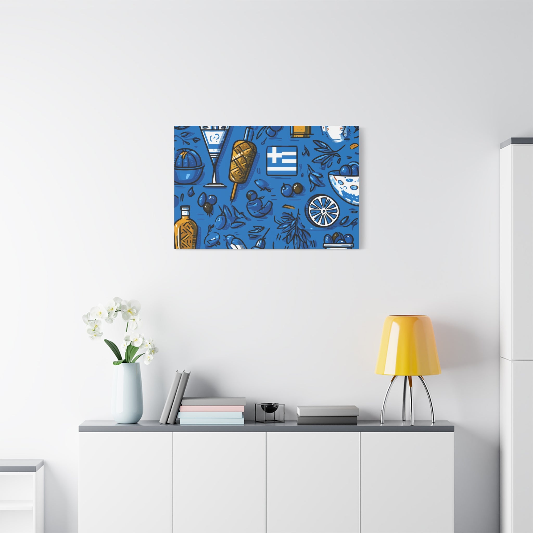 Vibrant Canvas Wall Art, Blue Mediterranean Theme, Kitchen Decor, Greek Party Decor, Olive and Drink Motif