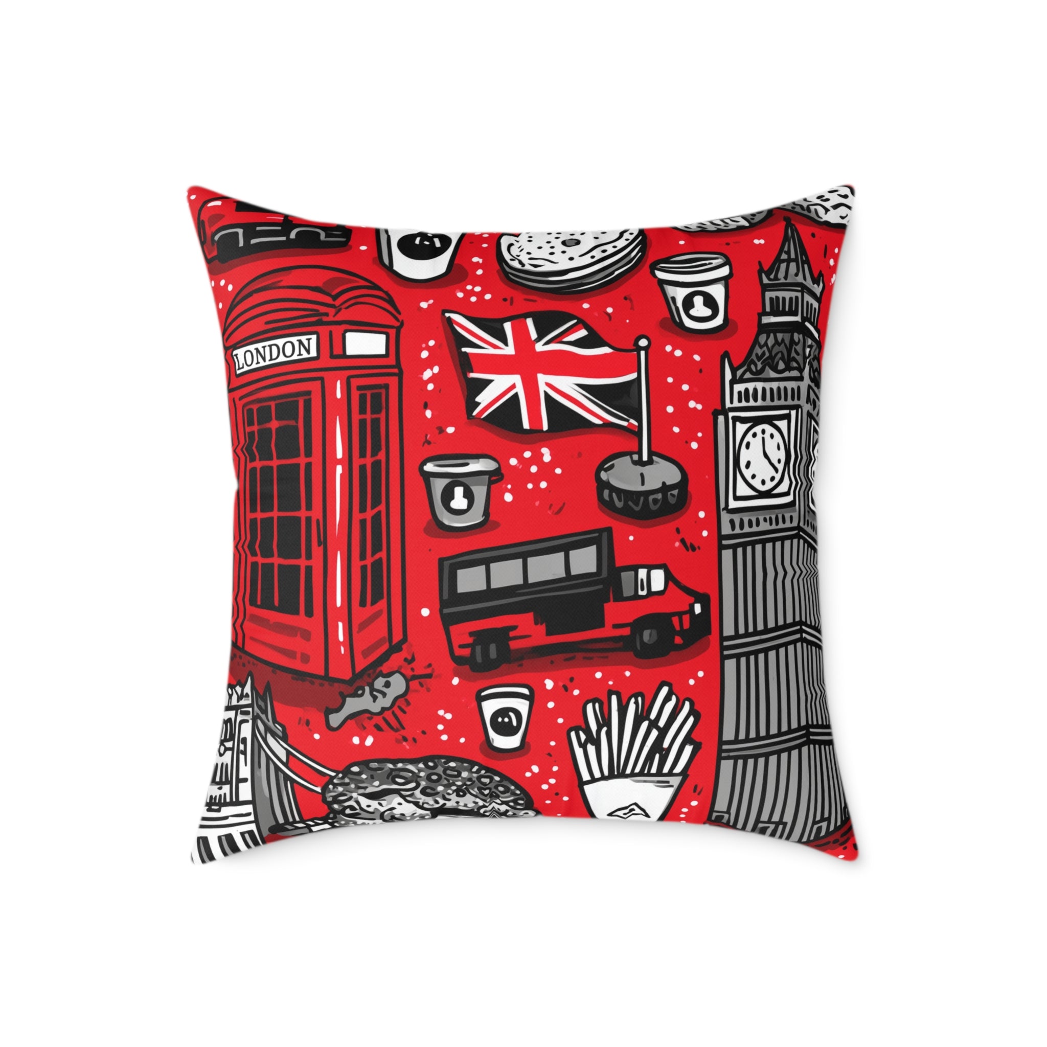 London-Themed Square Poly Canvas Pillow, Unique Home Decor, Cozy Cushion for Travel Lovers, British Inspired Design, Gift for Her